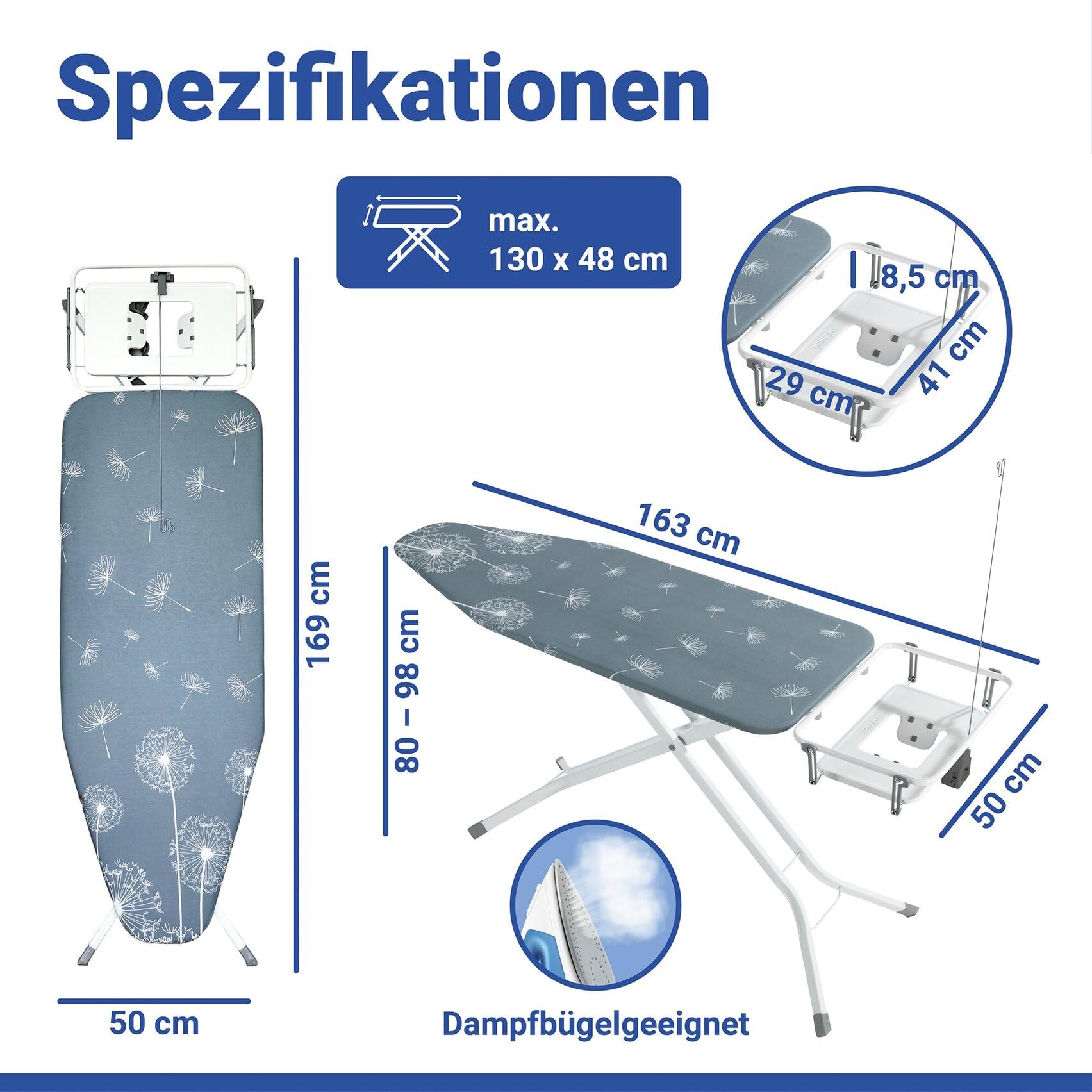 WENKO XXL Bügelbrett für Dampfbügelstation & Dampfbügeleisen, standfest | Bügeltisch 130 x 48 cm, TÜV/GS, höhenverstellbar, mit Steckdose, absenkbare Ablage & Polsterung, weiß/grau, Mod. Professional