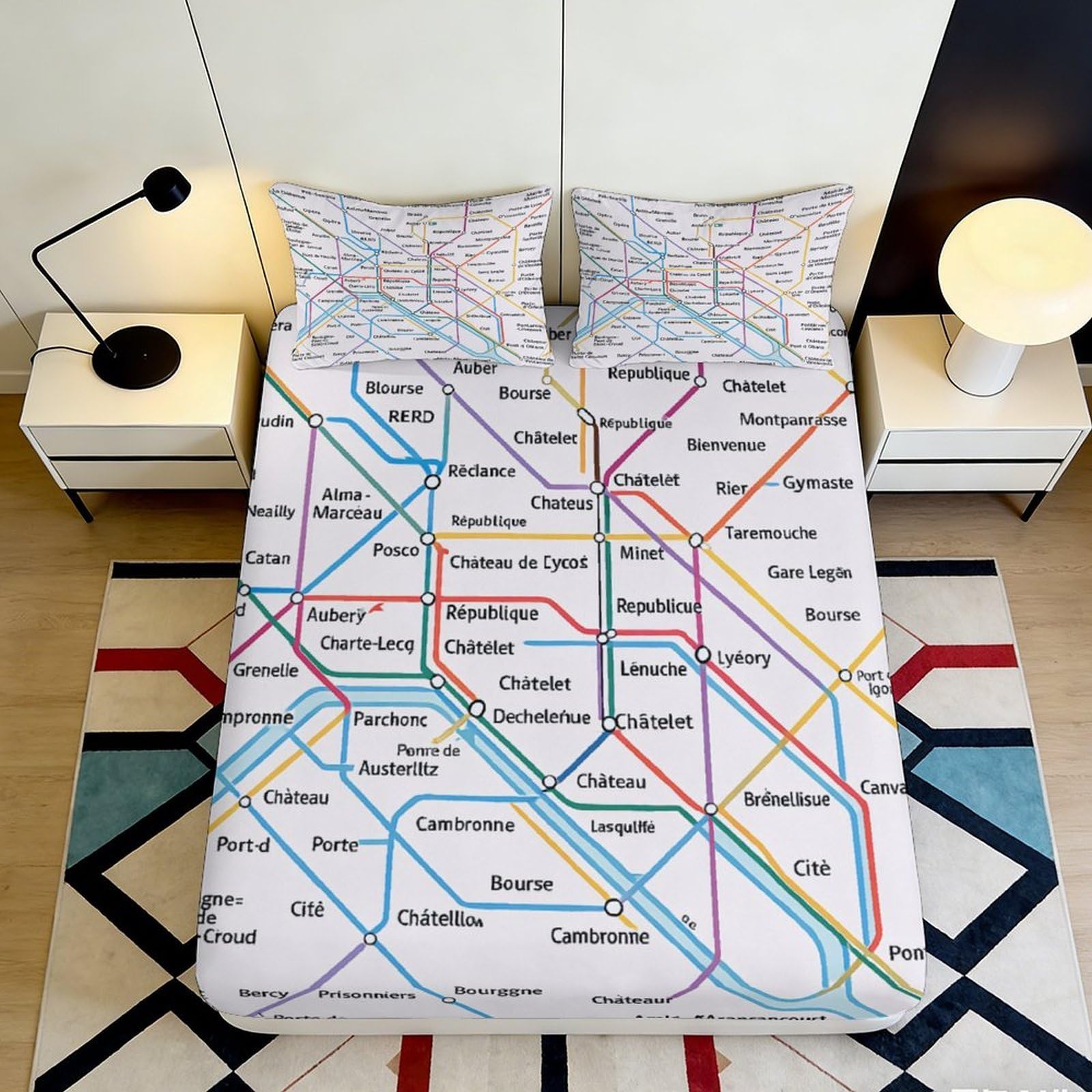 3D Printed Subway Map Fitted Sheet Microfiber Deep Pocket Bedroom Bedding Subway Chart Mattress Fitted Cover Non-Slip Elastic Hem 90x200x25cm