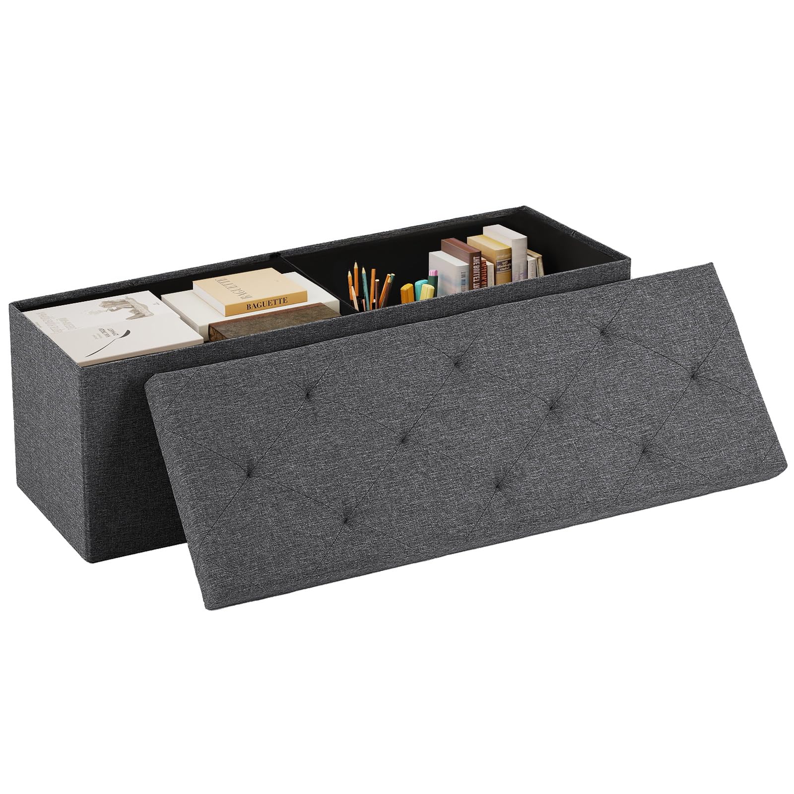 DUMOS 43 Inch Folding Storage Ottoman Bench, Large Hidden Storage Chest withThicker Foam Padded Seat, End of Bed Foot Rest Stool for Bedroom Living Room Entryway, Load 660 lbs, Grey