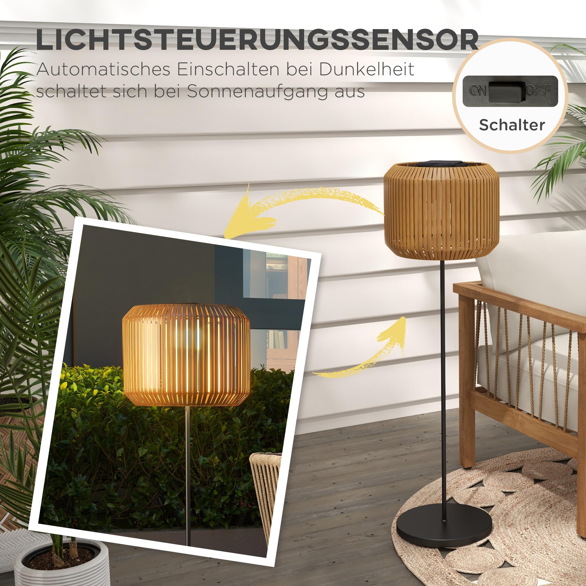 Outsunny Solar Stehlampe Rattan Solarlampen mit Lichtsensor Aufladbar LED Solarleuchte IP44 Wasserdichte Solarlampe Outdoor Lampe Solarlaterne für Garten Balkon Außen Rasen Hof, Gelb