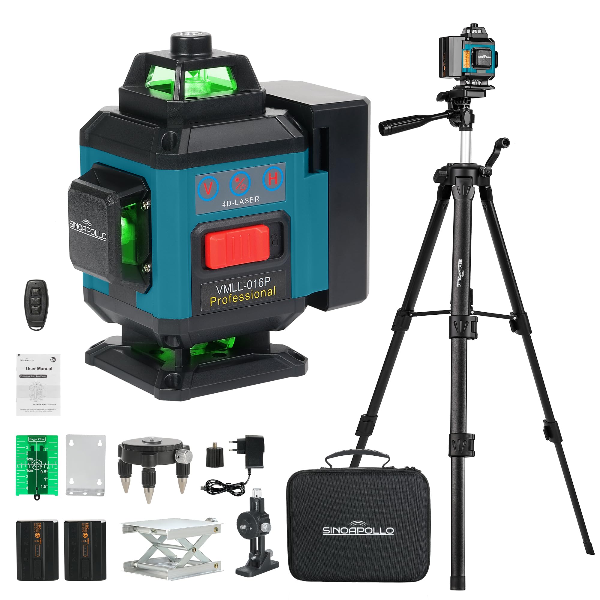 SinoApollo Kreuzlinienlaser mit Stativ, 4D 16 Linien 4x360° Grün Selbstnivellierend Laser Wasserwaage Set mit 1 m Stativ, Kreuzlaser für Bauarbeiten Montage, 2× 5200 mAh Typ-C Akkus