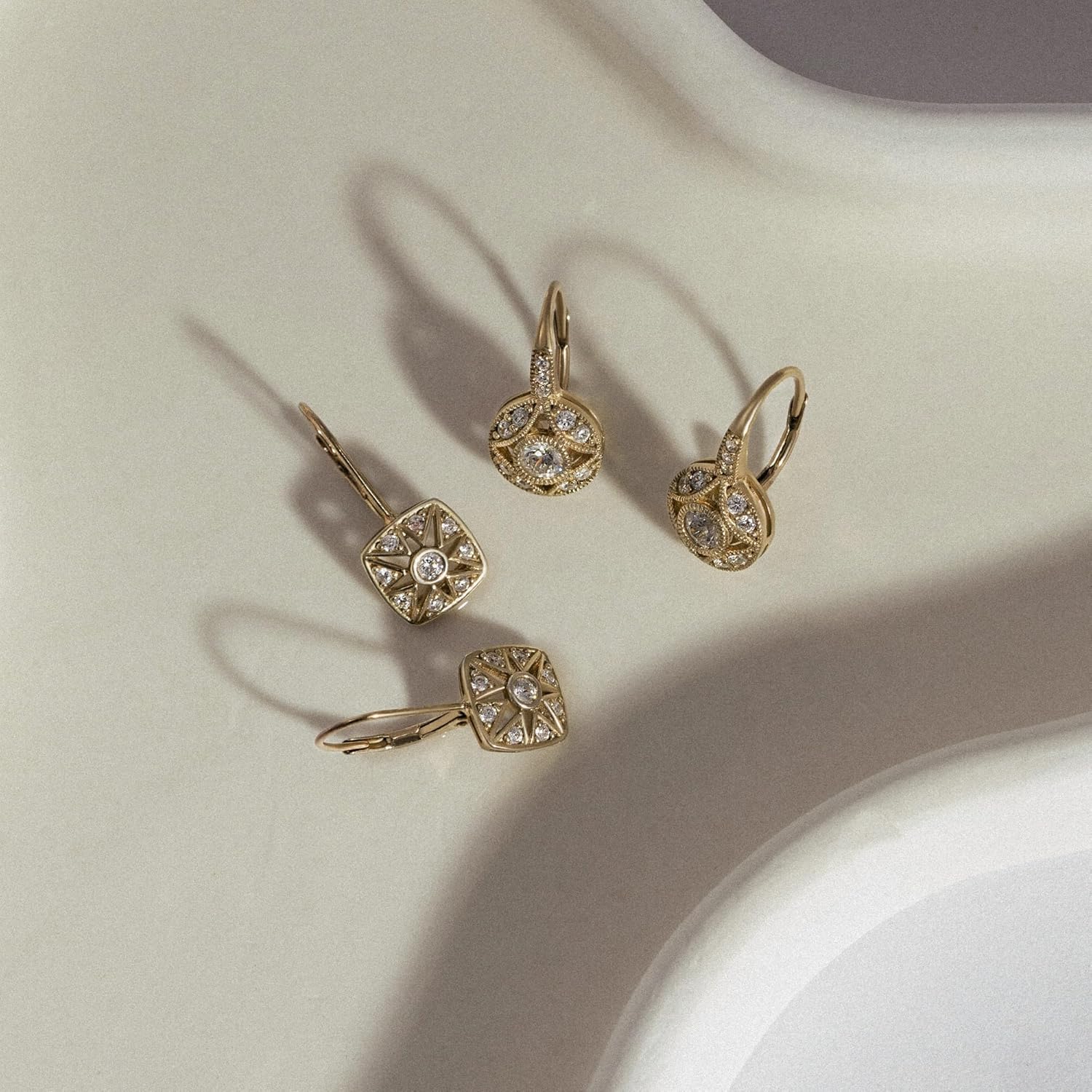 14K Plated Yellow Gold, Platinum Plated 925 Sterling Silver Leverback Antique Earrings for Women | 1 Carat Round Cut Cubic Zirconia CZ Simulated Diamond - Image 5