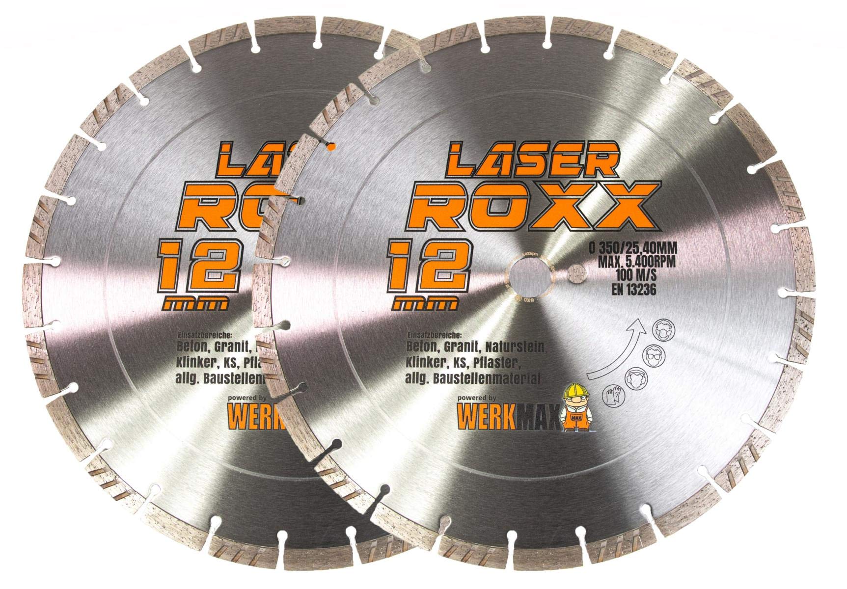 Werkmax Disco de corte de diamante, disco de diamante, Laser Roxx 350 x 25,4 mm, juego de 2, universal, para hormigón, nueva versión