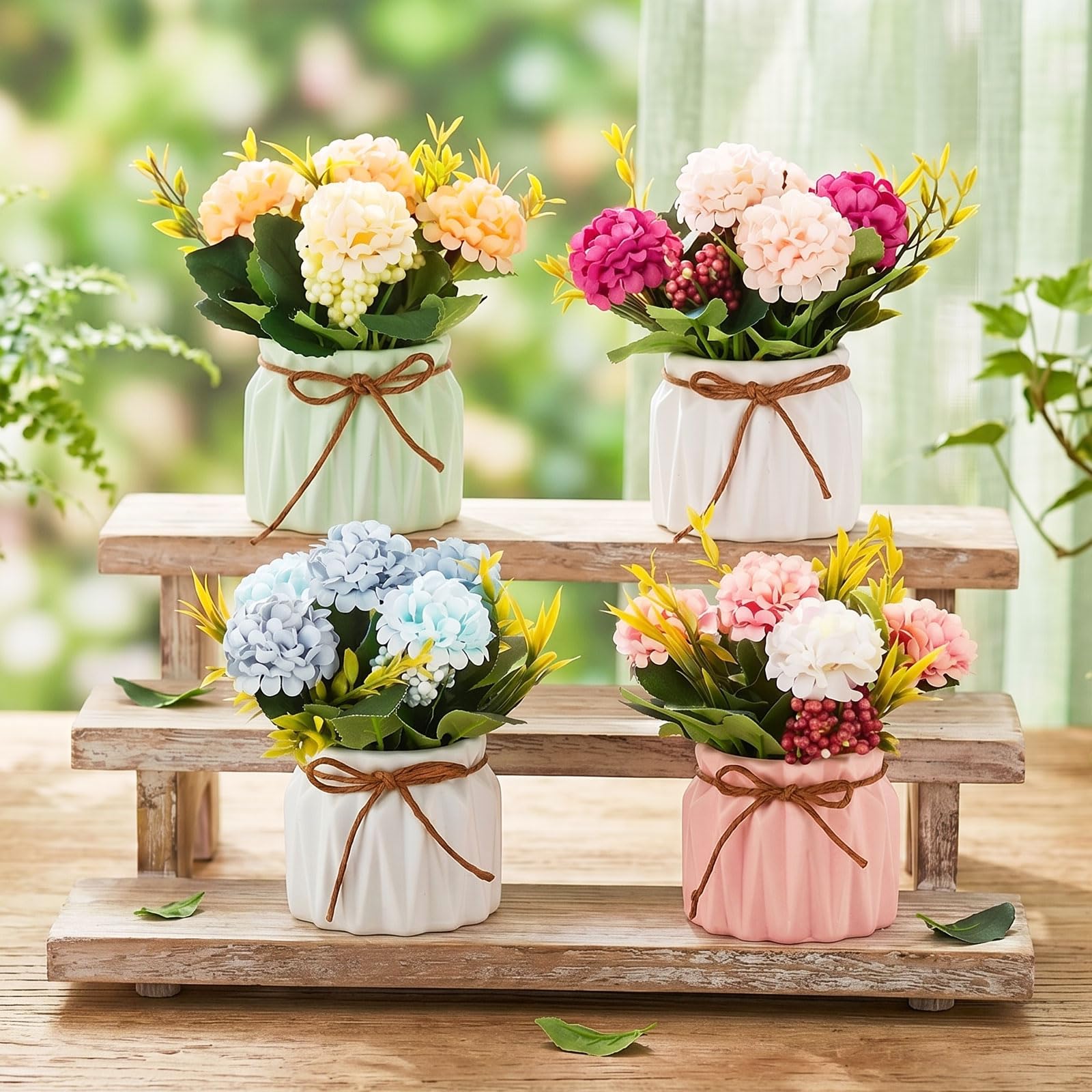BLOSMON Petites Fleur Artificielle avec Vase pour Table Deco, 4 Pièces