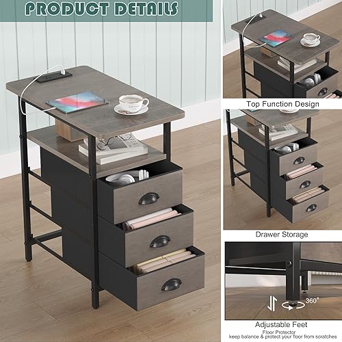 Miniatura 5 de Mesa auxiliar con estación de carga, mesas auxiliares para sala de estar con puertos USB y tomacorrientes, mesitas de noche estrechas con 3 cajones