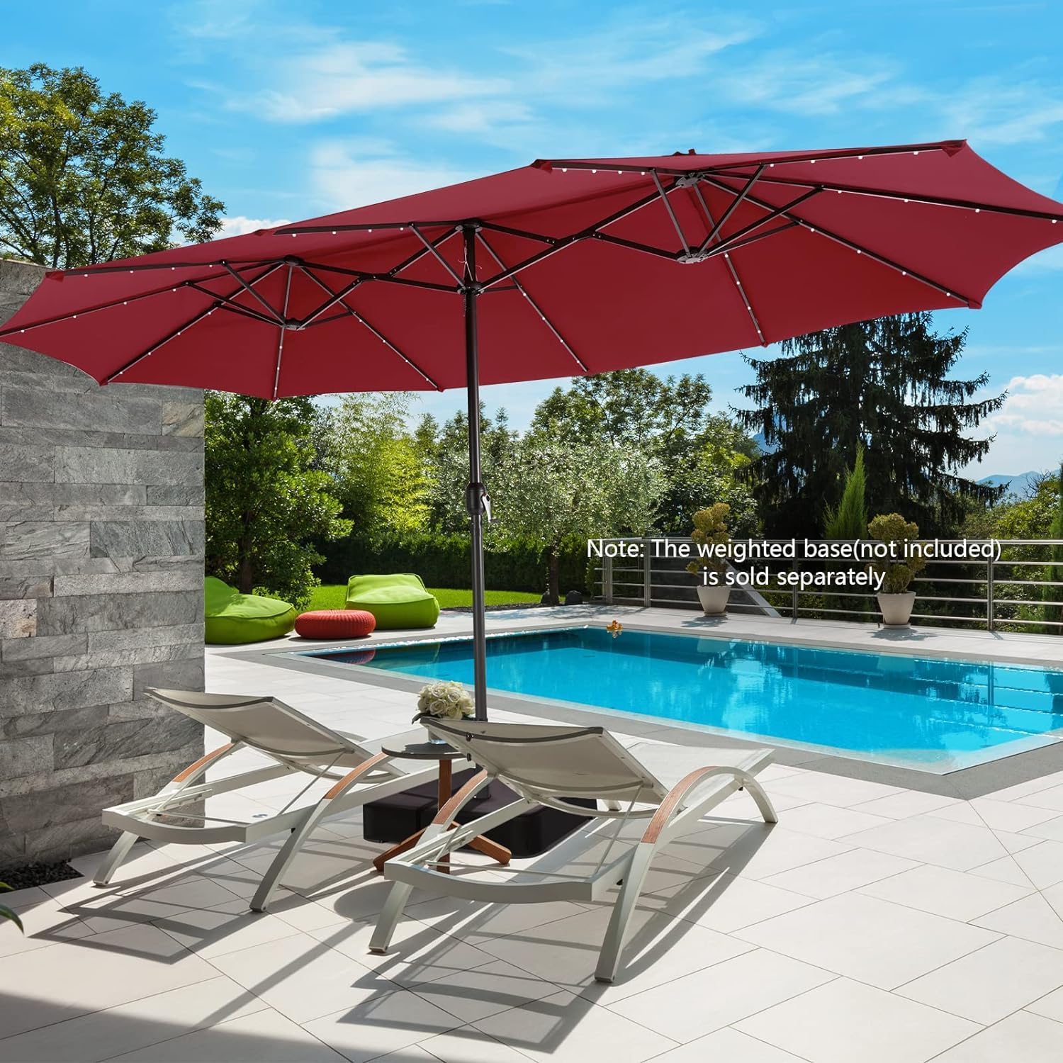 15ft Large Patio Umbrella with 3 Solar panels, 48 Solar LED Lights Base Included, Outdoor Double-Sided Rectangle Market Umbrella with Crank Handle, Perfect for Pool, Lawn, and Garden