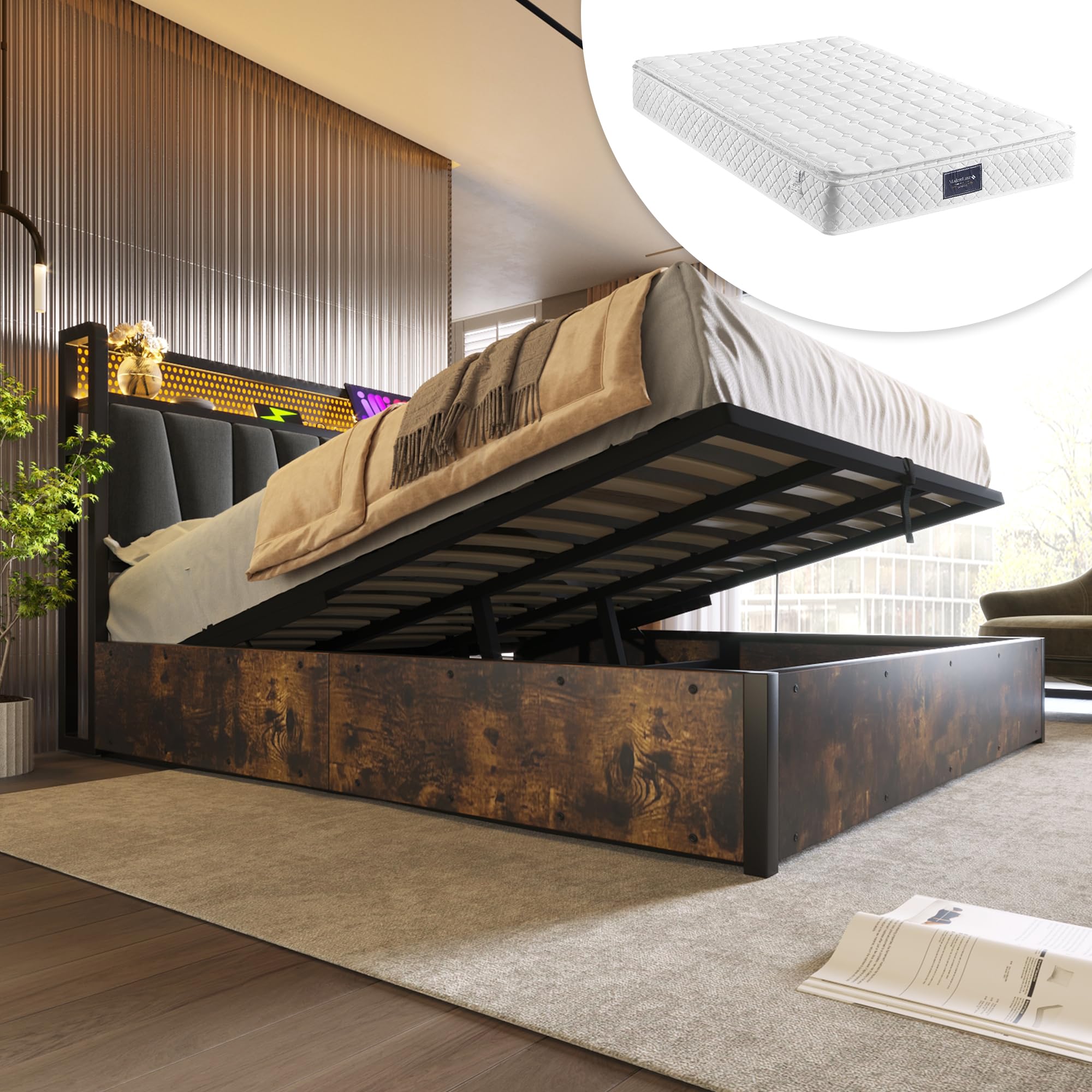Letto Imbottito Idraulico Con LED E USB - 140x200 Cm, Testiera Regolabile, Illuminazione, Spazio Sotto, Colore Grigio