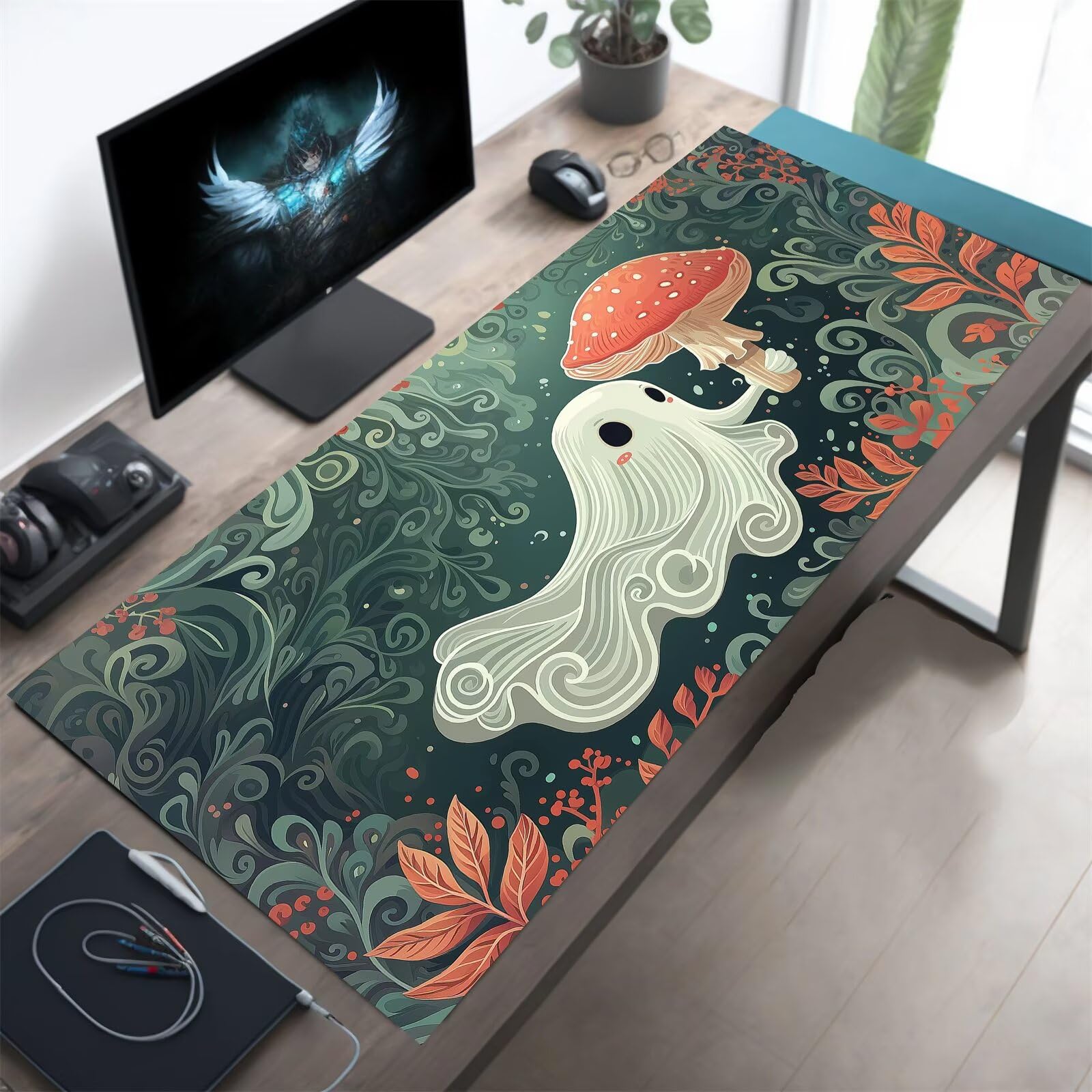 Tappetino Mouse XXL Gaming Fungo Fantasma Carino, 1200 x 600 x 3mm Tappetino Scrivania Grande con Base Antiscivolo e Bordi Cuciti per Tastiera, Laptop e Computer