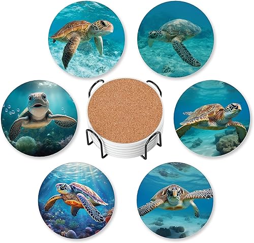 Miniatura 12 de Posavasos de cerámica redondos absorbentes con soporte para protección de mesa, para taza de café, bebidas, vino, cerveza, bar, 6 unidades Vintage