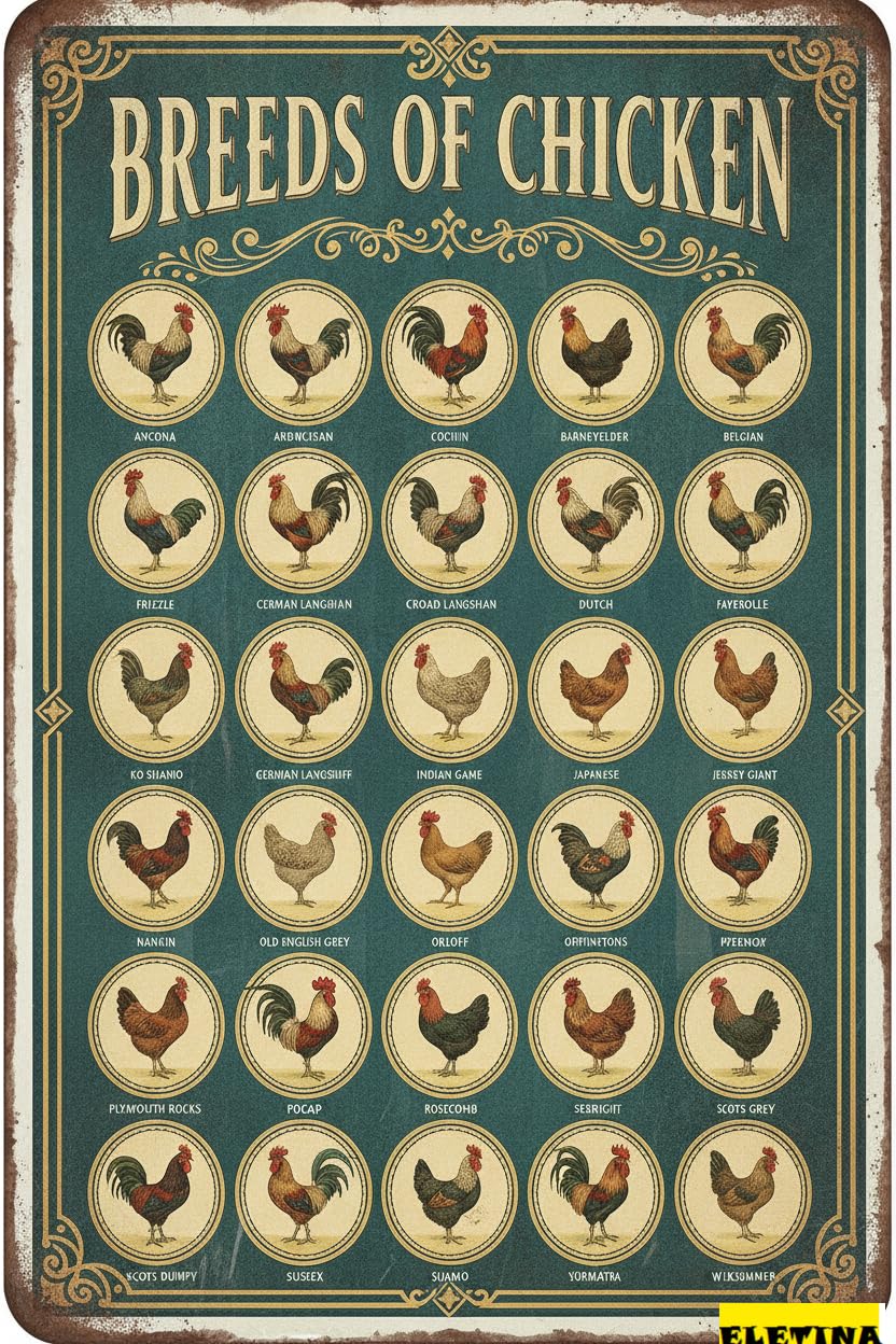 Breeds Of Chicken Farm Tin Sign, 8x12 Inch Wall Decor