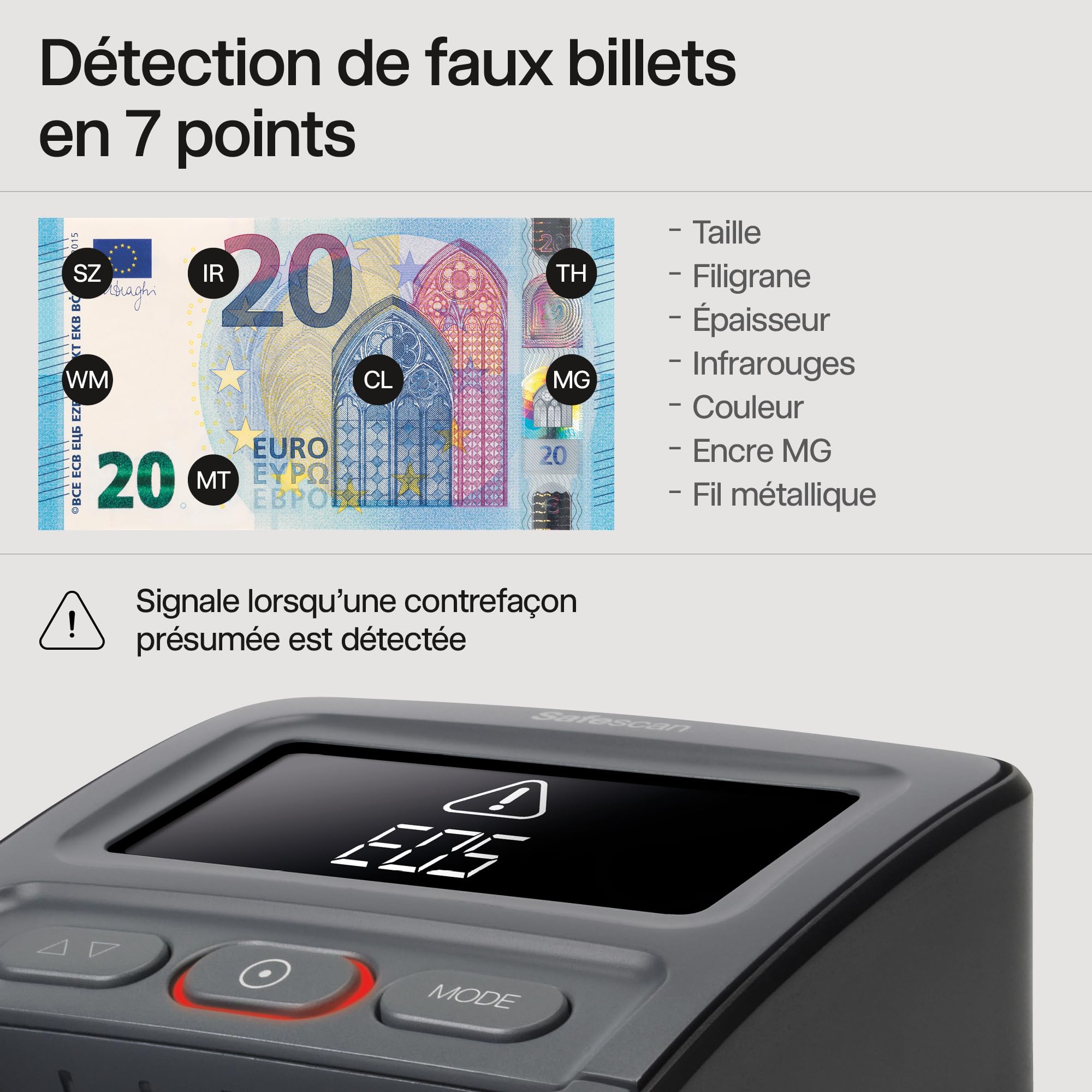 Safescan 155-S détecteur de faux billets automatique pour vérifier rapidement les billets - Détecteur avec détection sur 7 points - Machine de vérification d'argent 100% précise