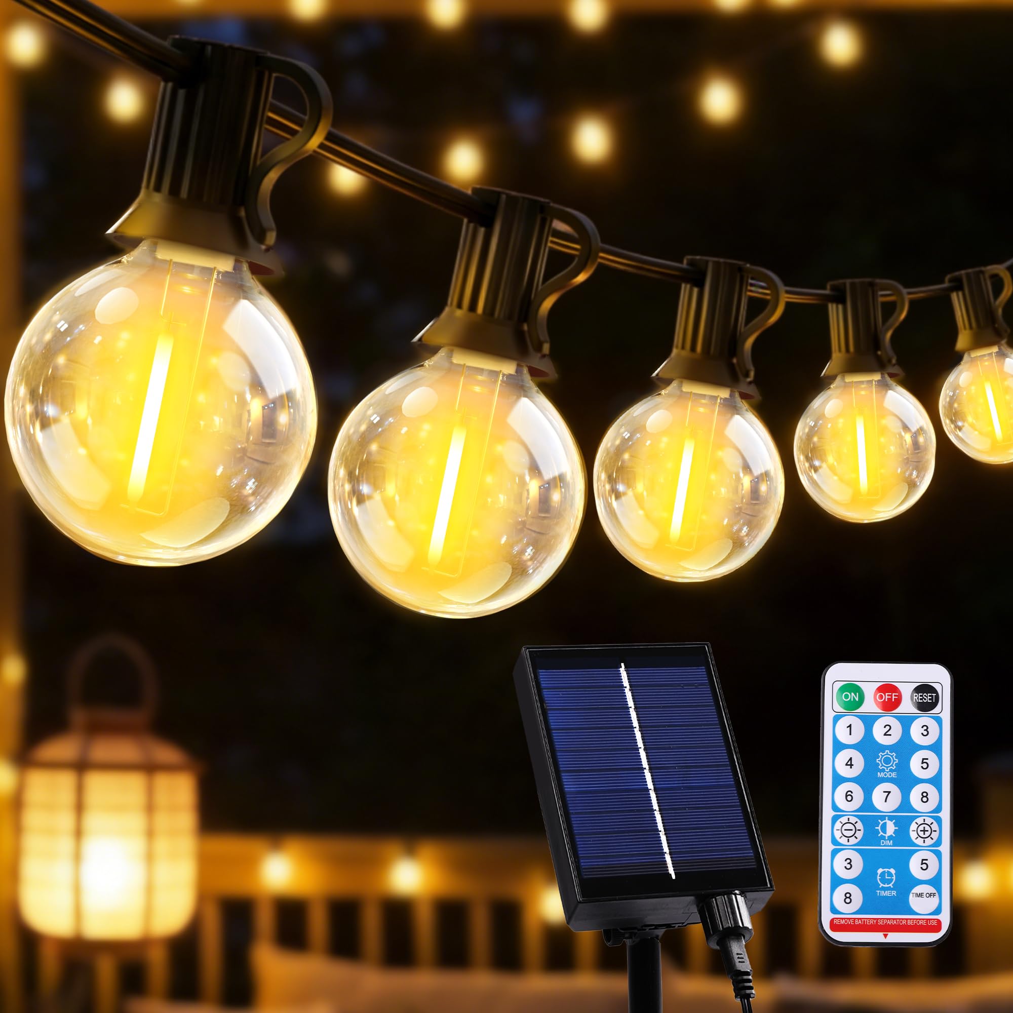 Guirnaldas Luces Exterior Solar, 10M Luces Solares LED Exterior Jardin con 15+1 Bombillas, 8 Modos Impermeable, Lámparas Solares de Jardín con Control Remoto para Patio Cafe Boda Fiesta