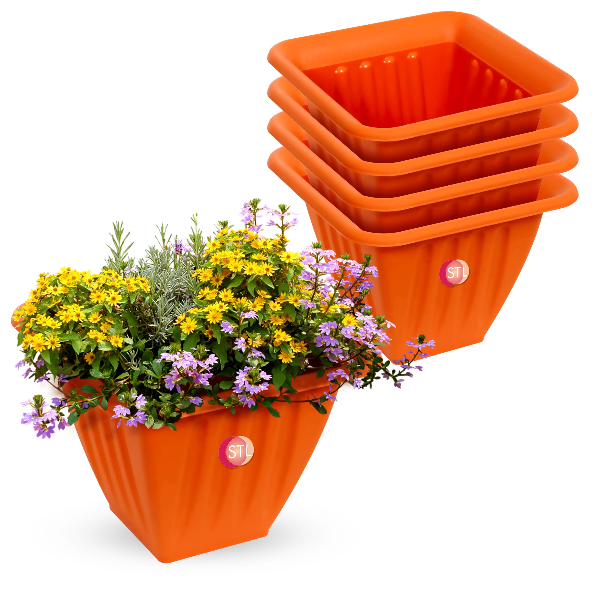 STL 4Pcs Terracotta Plant Pots, Lightweight Plastic Plant Pots, Mini Terracotta Pots with Drainage Holes, Small Flower Pots for Succulent Cactus Plants, Flowers, Indoor/Outdoor Use (Semi Square)