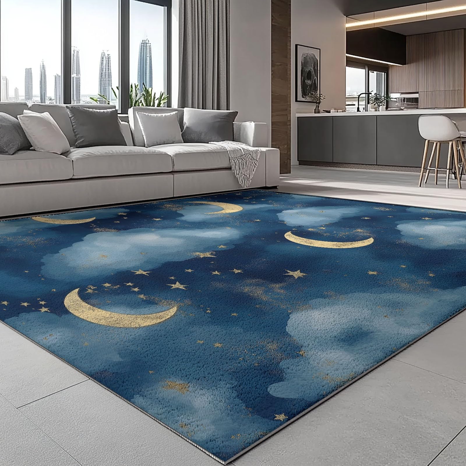 Lavabile in Lavatrice Tappeto per Soggiorno Camera da Letto Ufficio Decorazione 120 x 180 cm, Stile Acquerello Cartone Animato Nuvole Luna Tema Flanella Tappeti con Supporto Antiscivolo, Blu Scuro