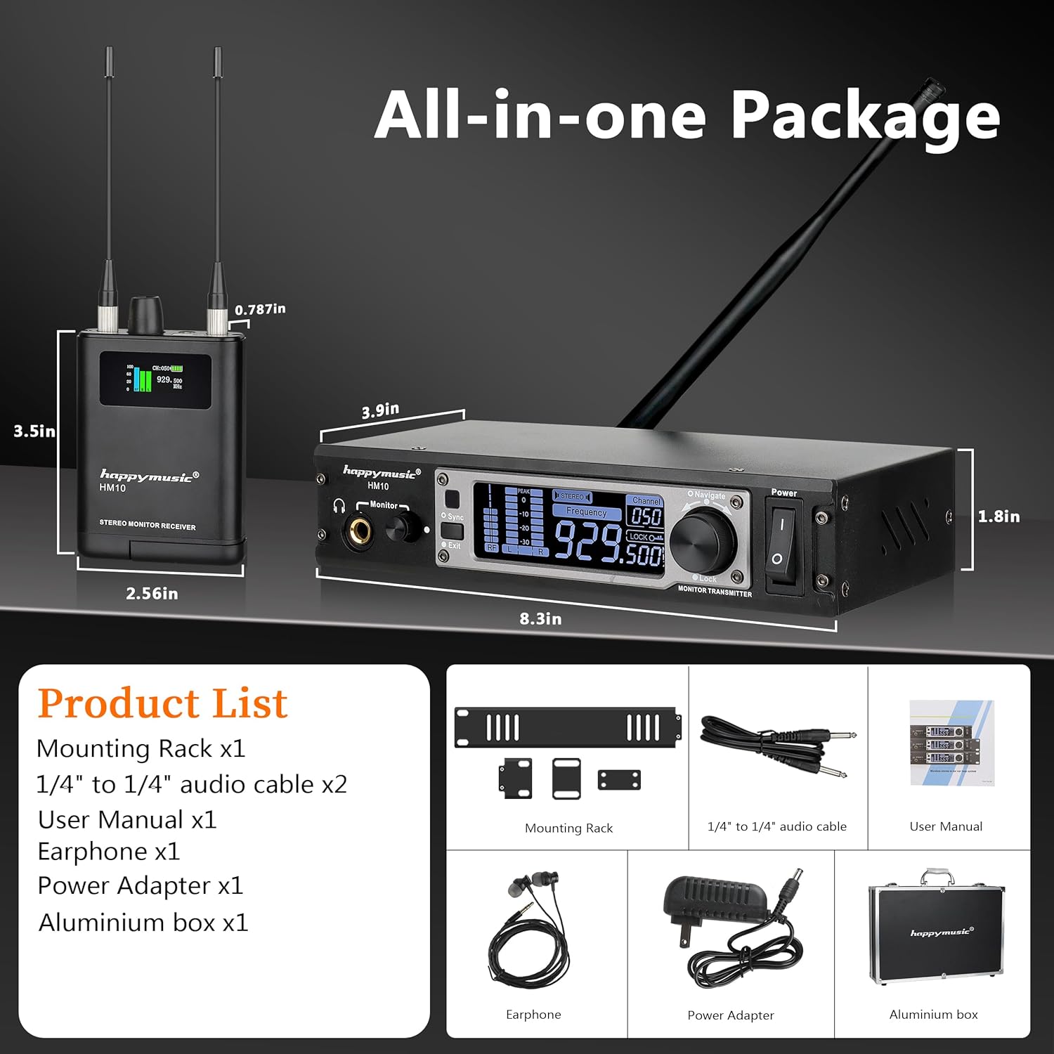 happymusic HM-10 Wireless Stereo/Mono in-Ear Monitor System,Rackmount,900MHz,164Ft,Professional Wireless Stage Return for Private Stage Performances
