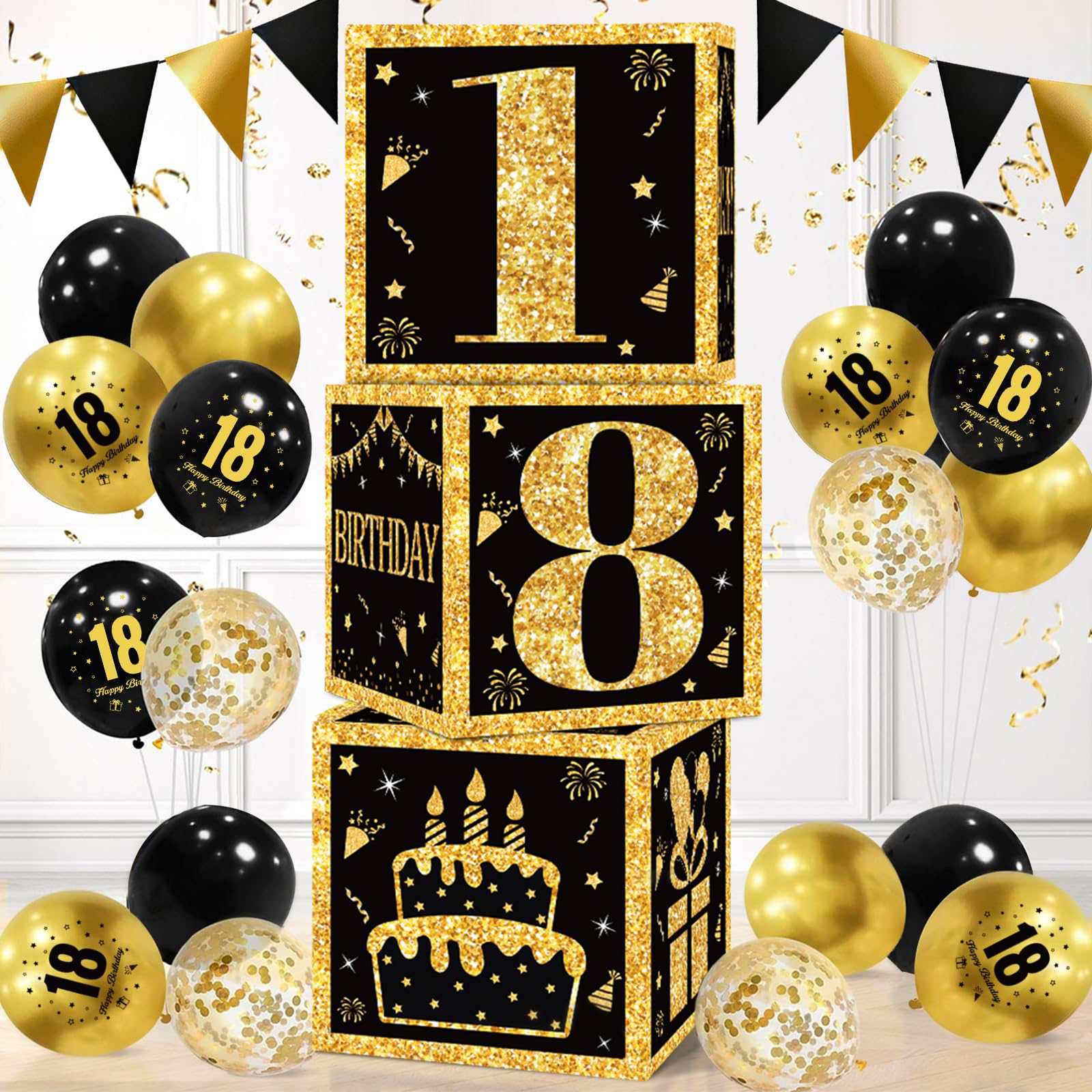 18th Birthday Decorations for Boys Girls - 25pcs Black Gold Birthdays Party with Happy 18th Birthday Banner, Latex 18 Balloons, 3pcs Boxes for Black Gold Birthdays Party Supplies Boys Girls(18 Years)