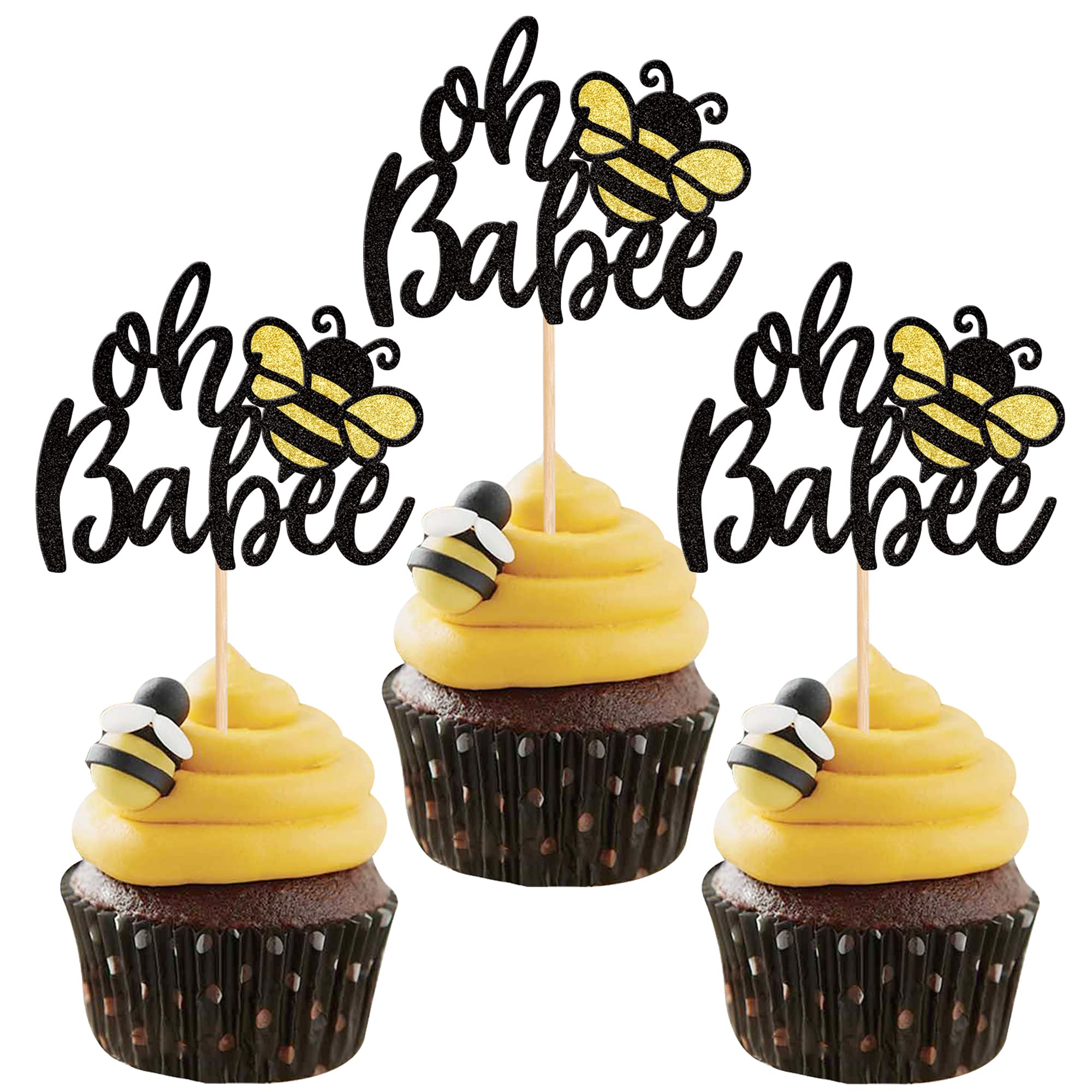 24 PCS Oh Babee Cupcake Toppers Glitter Sweet Bumble Bee Oh Baby Cupcake Picks for Bee Theme Baby Shower Kids Birthday Party Cake Decorations Supplies