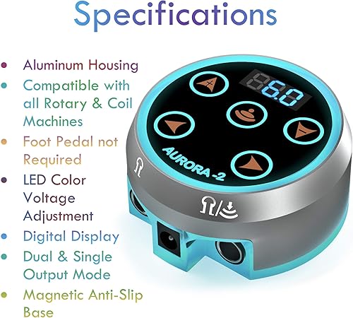 Aurora II - Fuente de alimentación profesional para máquina de tatuaje, pantalla táctil, pantalla digital y LED de color (negro)