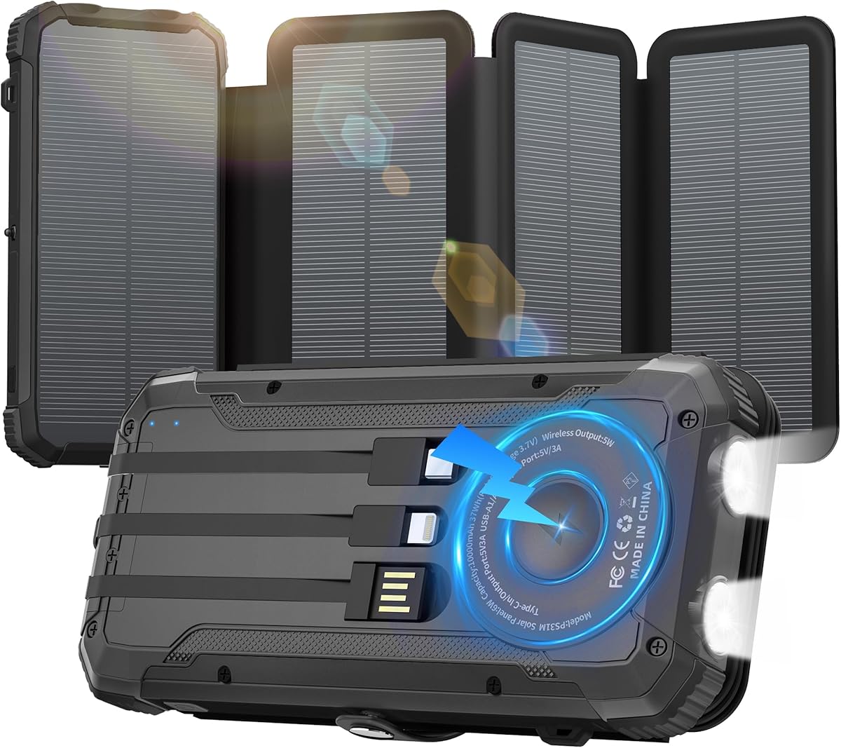 Portable Charger 20000mAh Solar Power Bank Built-in 3 Cables and Wireless Charging Battery Pack Compatible for iPhone, Samsung, IPX5 Waterproof, Bright Flashlight Perfect for Camping, Hiking, Outdoor