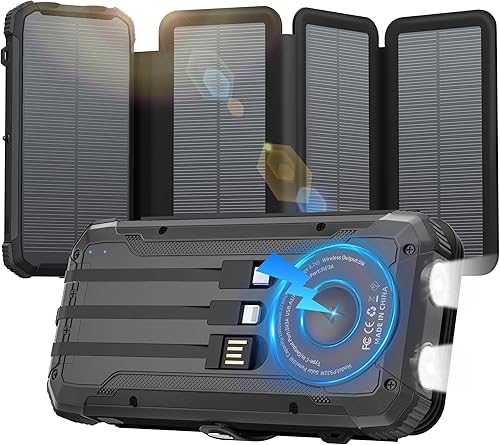 Cargador portátil de 20000 mAh, banco de energía solar integrado, 3 cables y batería de carga inalámbrica compatible con iPhone, Samsung, IPX5