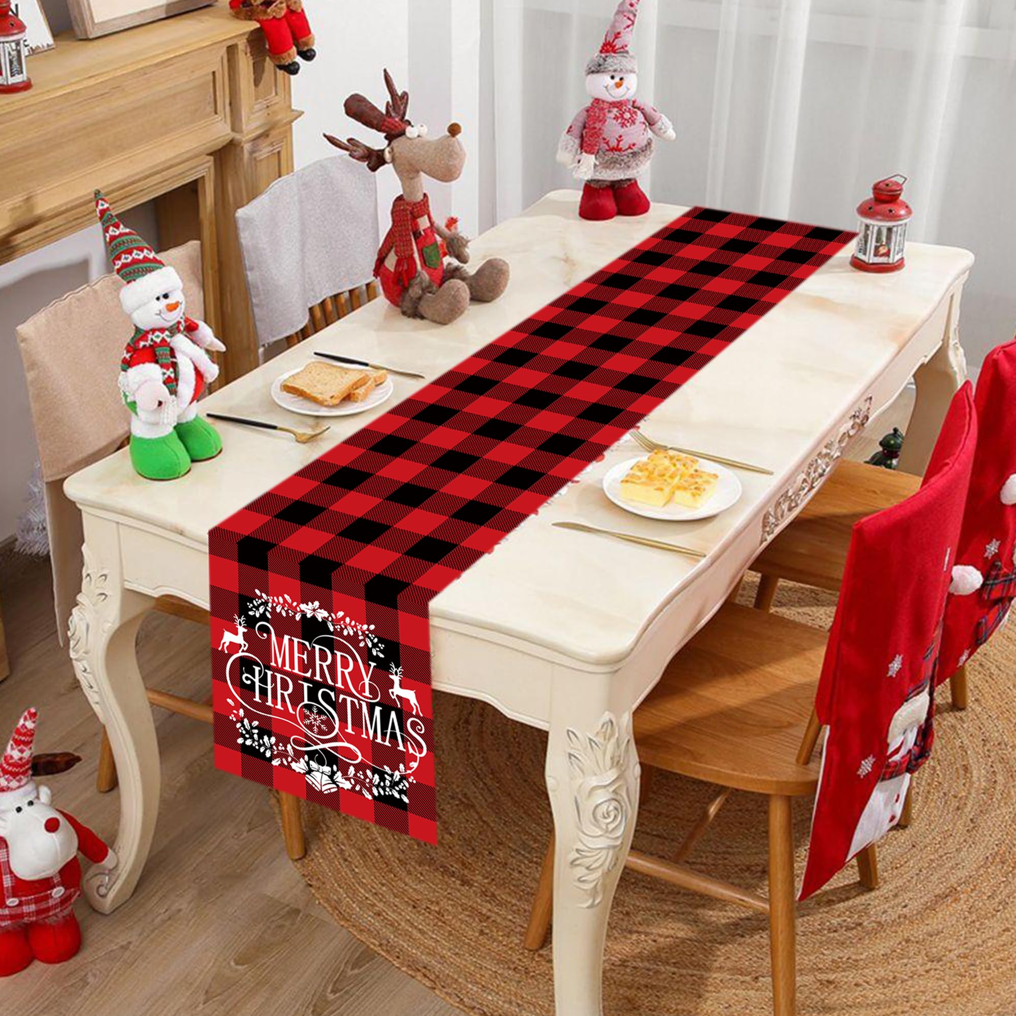 Camino de mesa de lino a cuadros rojos y negros para invierno, Navidad, vacaciones, camino de mesa de comedor, decoración del hogar, fiesta, 13 x 72 pulgadas