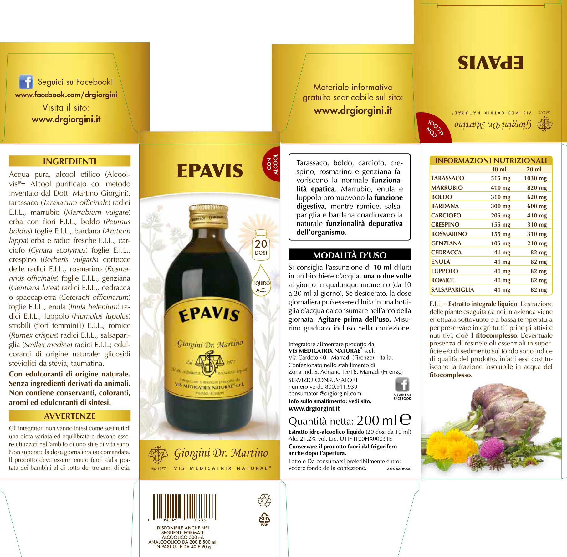 Dr. Giorgini integratori EPAVIS liquido alcoolico - 200 ml (integratore a base di erbe come tarassaco, carciofo, boldo e crespino che favoriscono la funzionalità epatica)