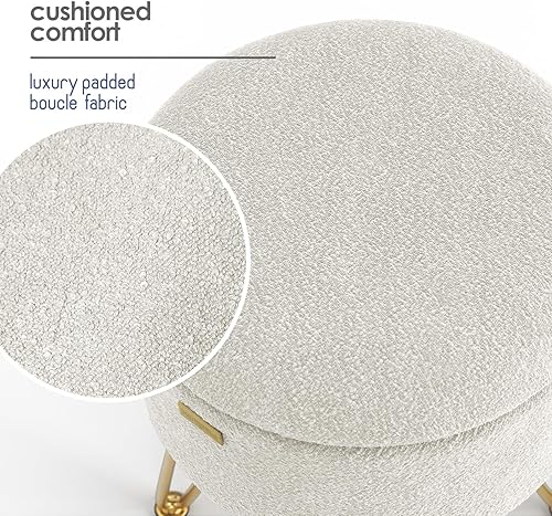Miniatura 9 de STORAGEBUD Otomana redonda con almacenamiento, otomana de almacenamiento de bouclé, taburete otomano, taburete de cambiador, pequeños reposapiés,