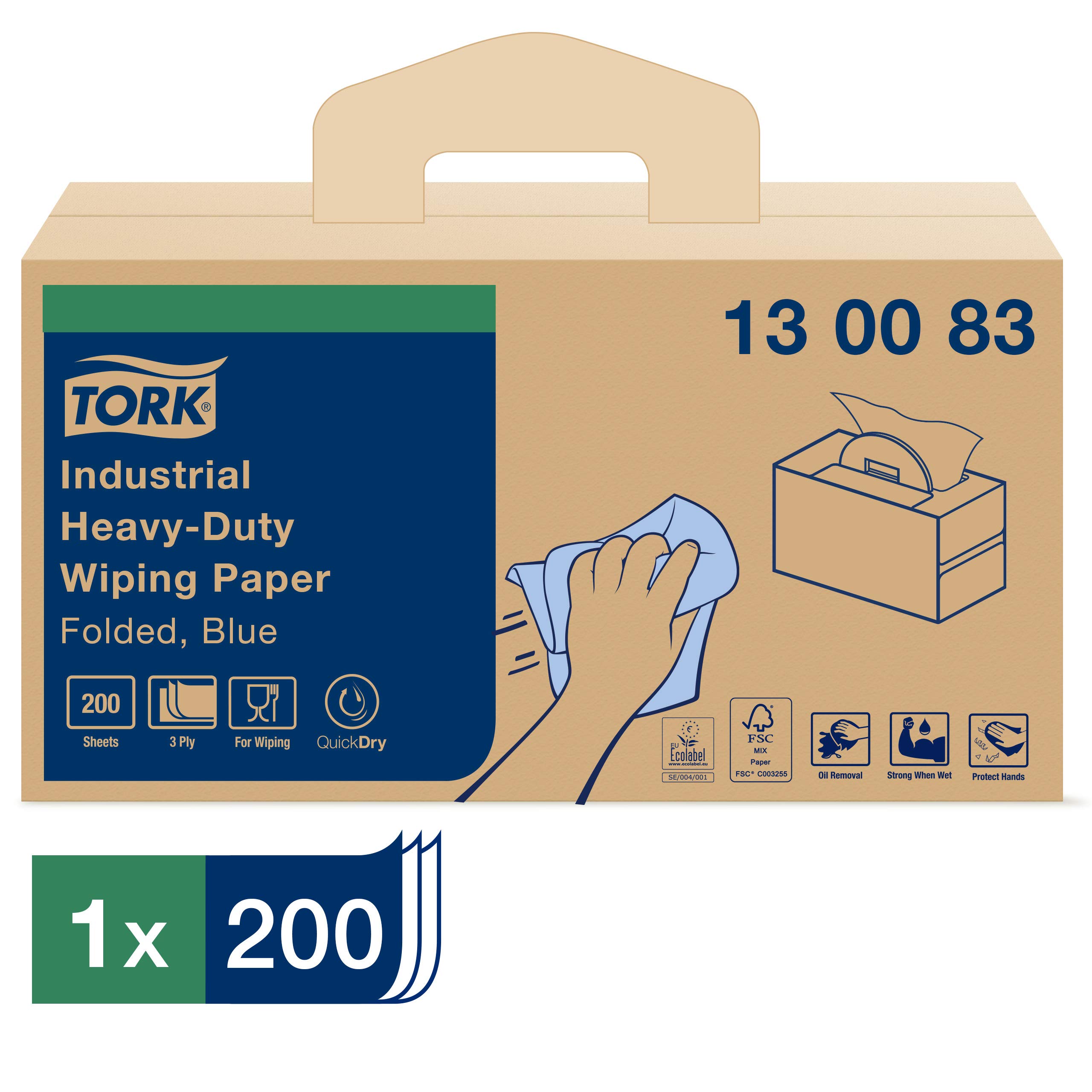 Tork 130083 Papel de secado extra fuerte para la industria/Premium / 3 capas/Paños de papel compatibles con el sistema W7 / 200 hojas/color azul