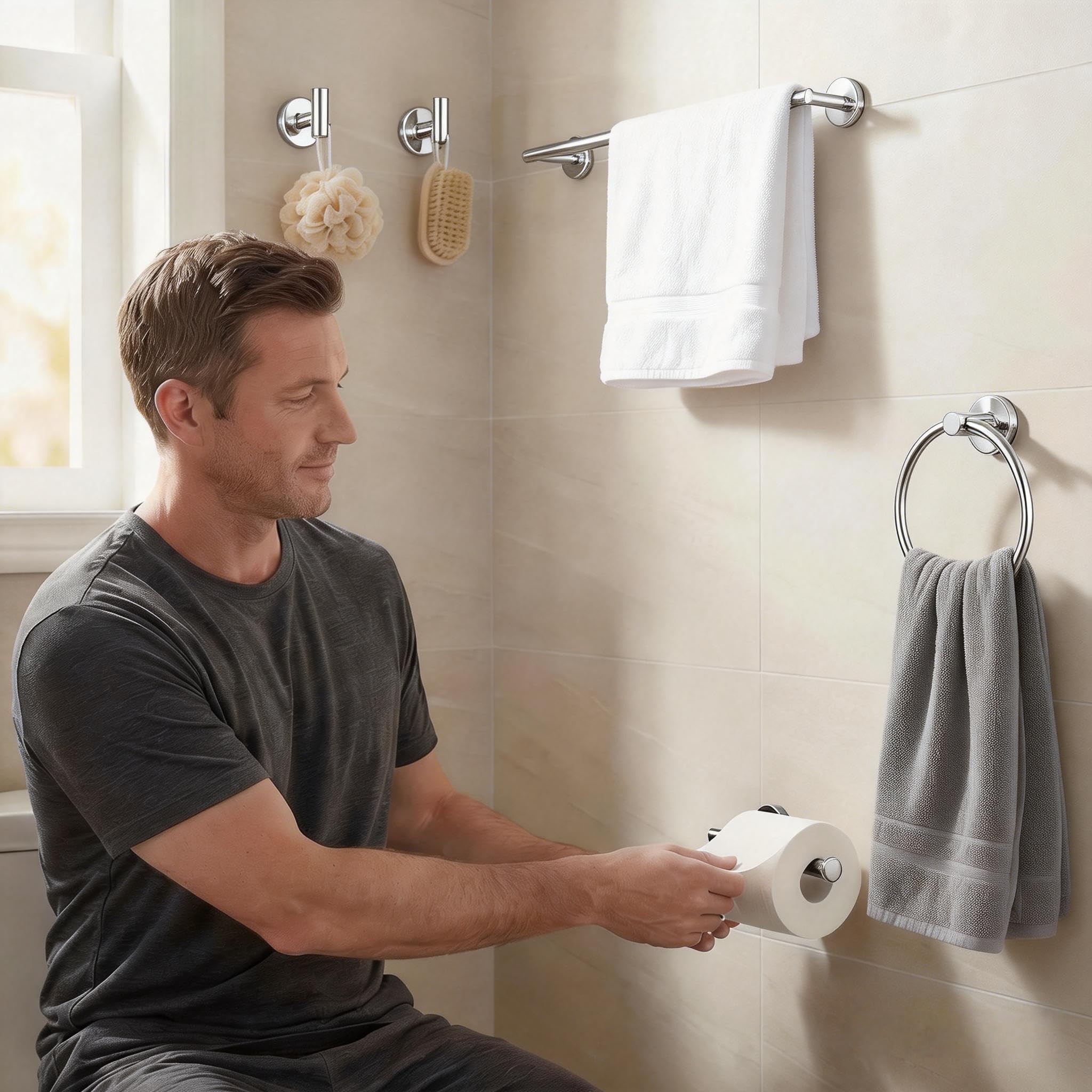 Níquel Cepillado Juego de 5 Piezas SUS304 Acero Inoxidable Toallero Barra de 60 cm Toallero Anillo Gancho Albornoz Montaje en Pared Accesorios de Baño para Baño Moderno
