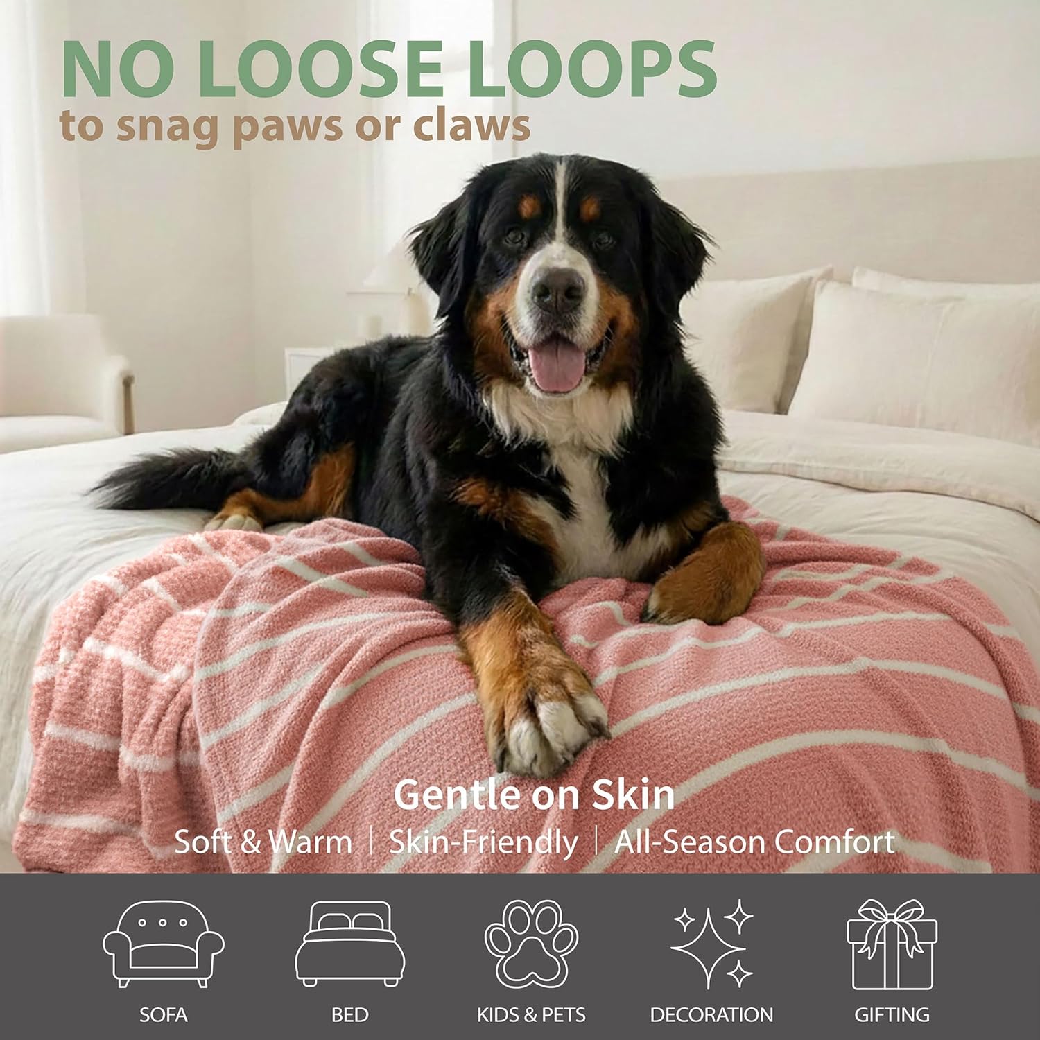 DEZ FURNISHINGS Oversized Cozy Knit Look Cloud-Soft Plush Printed Fleece Throw Blanket, Lightweight & Breathable, Queen (90" x 90"), Peach Pink Stripe - Image 6