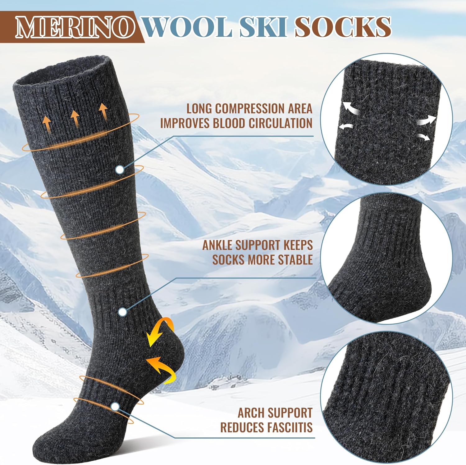Eocom Unisex Merino Wool Ski Socks Thermal Warm Winter Thick Knee High Long Snowboarding Boot Socks for Women Men 3 Pairs - Image 4
