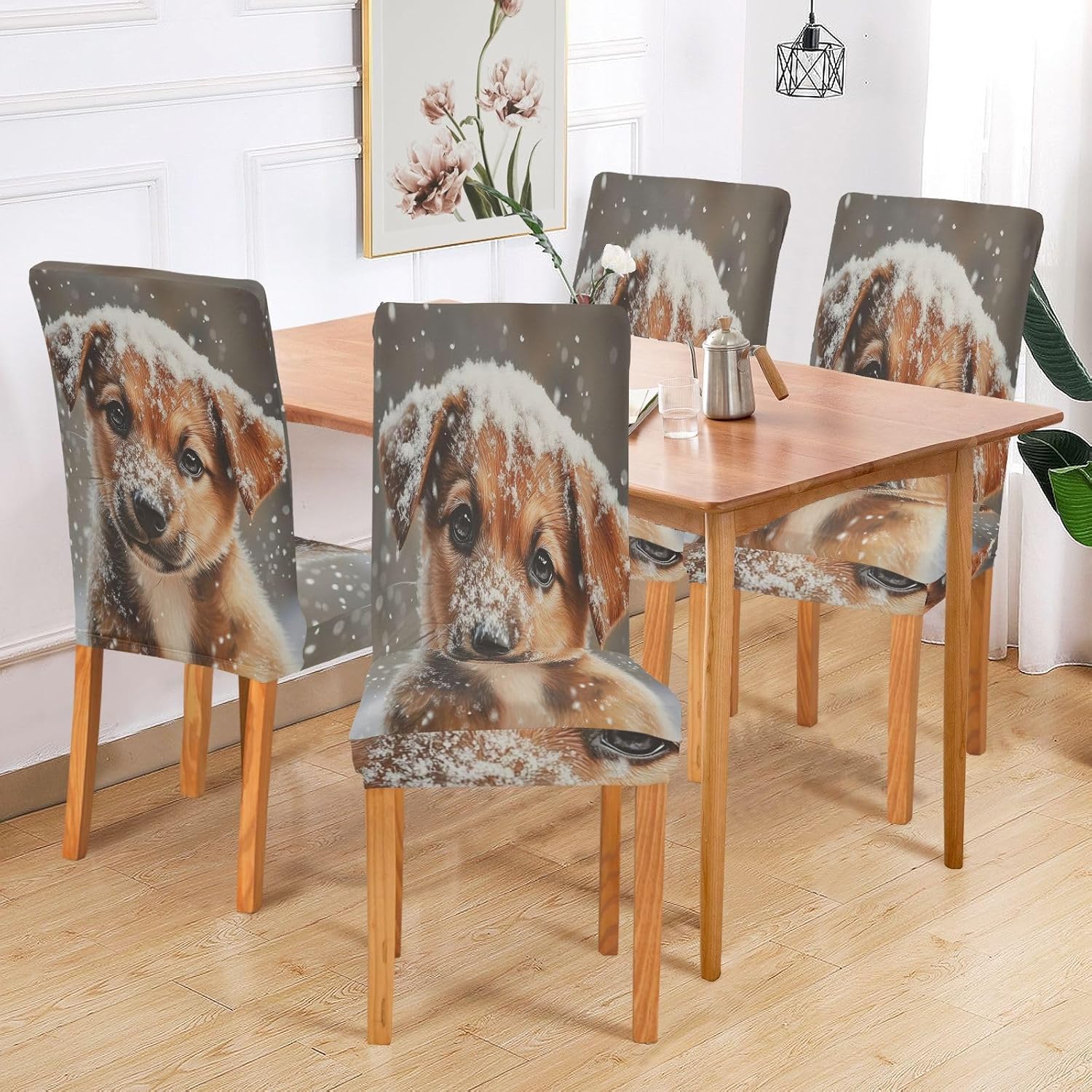 ALAZA Chair Covers for Dining Room, Puppy Winter in Snow Stretch Chair Cover Sets Chair Protector Removable Washable for Ktichen Restaurant Hotel