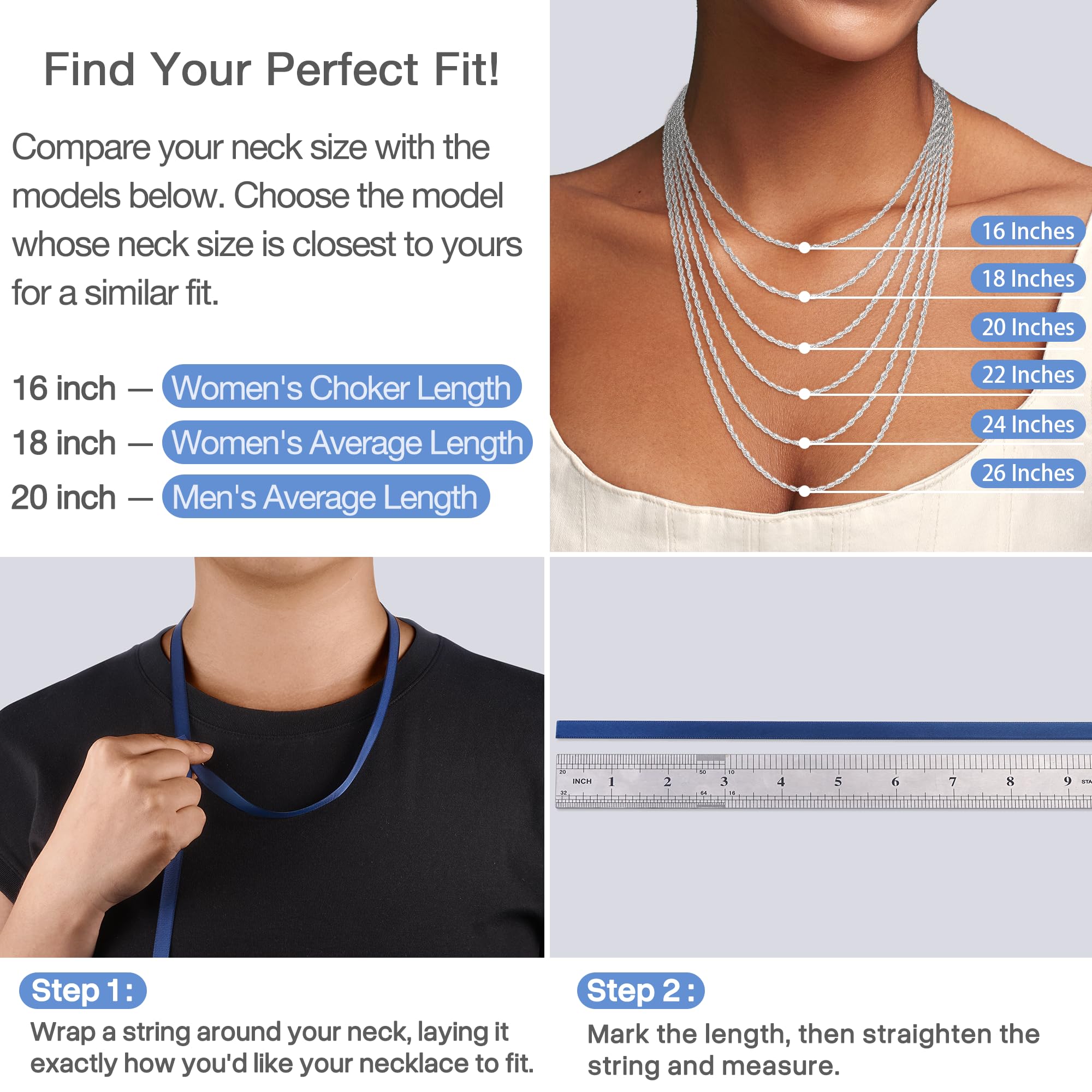 Girluky 1.5mm 2mm Rope Chain 925 Sterling Silver Chain Necklace for Women, Sturdy Durable Women's Chains Necklace, 16 18 20 22 24 26 Inch - 3