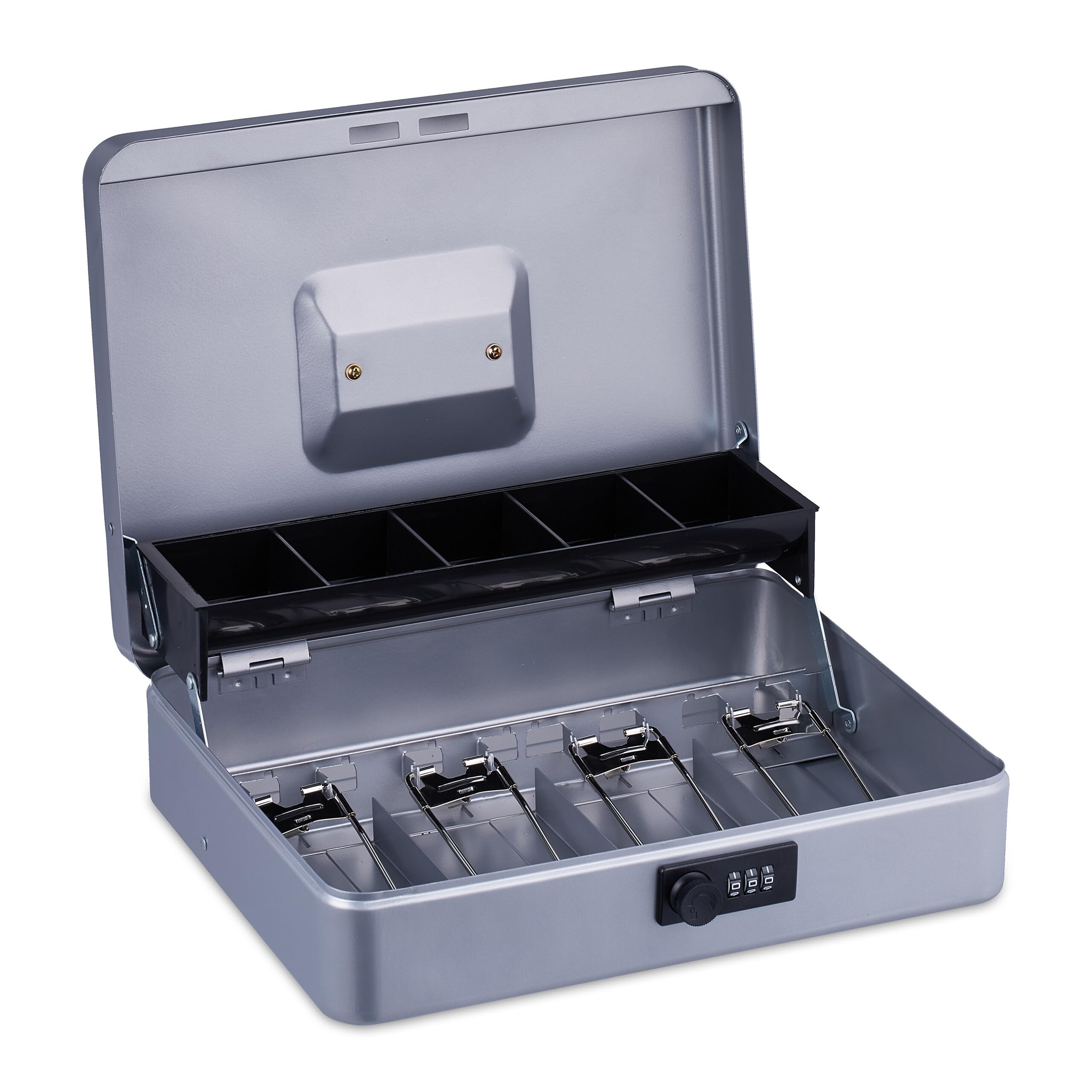 Relaxdays Caja Dinero, Combinación 3 Números, Bandeja para Monedas y 4 Espacios para Billetes, Efectivo, Plateado