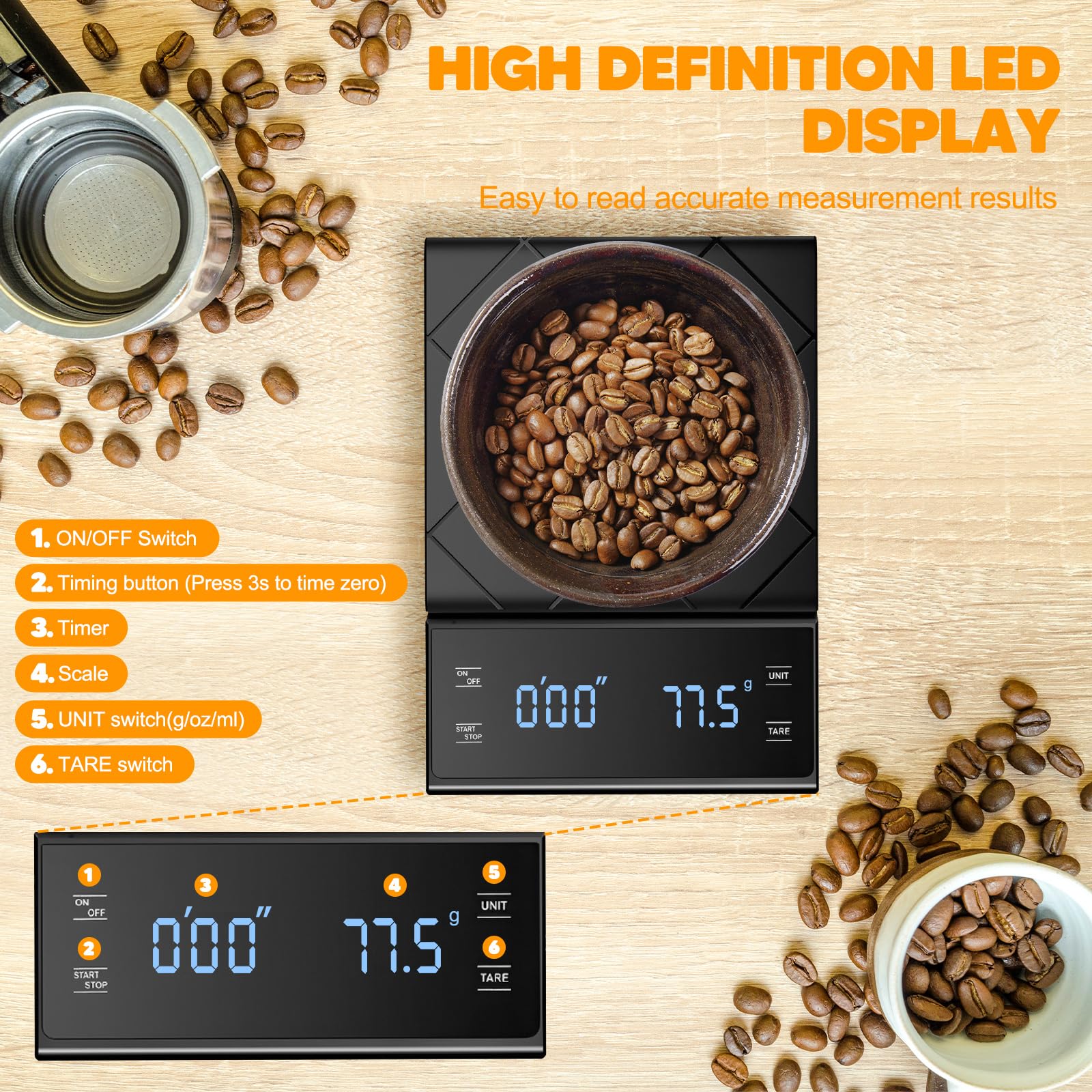Bilancia Digitale Da Cucina E Caffè Con Timer - 3kg/0.1g, Touch Screen LED, Multifunzione, Batterie AAA Incluse - 4