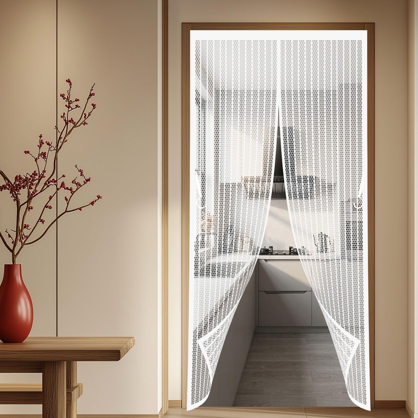 Fly Screens for Doors 104 x 272 cm Closed By Magnets, Silent, Keeps Bugs Out Insect Protection Door Easy to Install Without Drilling for Windows Doors Patio, White