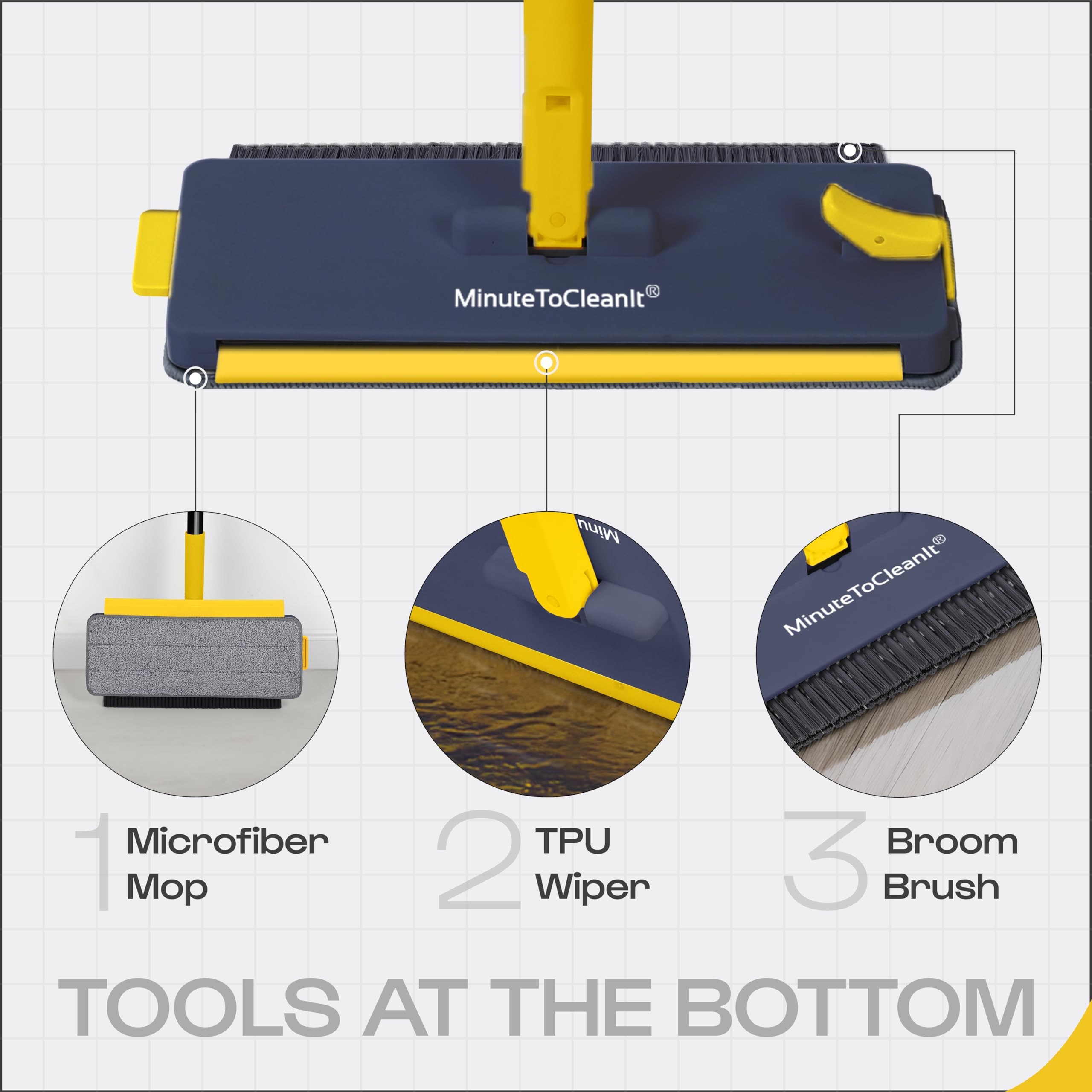 MinuteToCleanIt 6-in-1 Floor Cleaning Kit – Microfiber Mop with Wiper, Jhadu, Scraper, Duster & Gap Brush – Wet & Dry Pocha Set with 360° Rotation, Stainless Steel Handle for Home, Kitchen, Bathroom 3