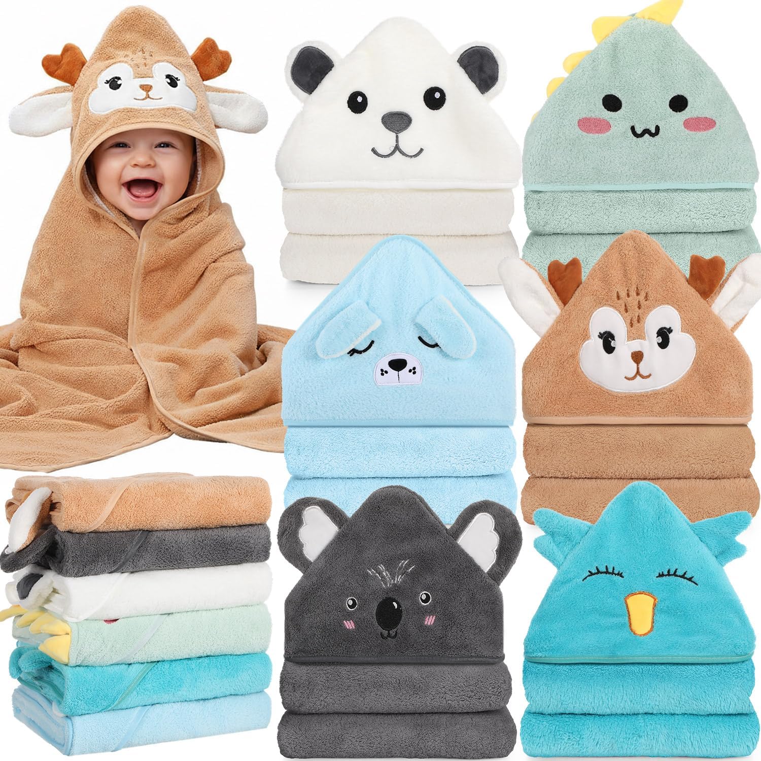 6 Pack Baby Hooded Towels Coral Fleece Baby Bath Towels 31.5 x 31.5 Inch Soft Absorbent Hooded Bath Blanket for Newborn Toddler Infant Boy Girl Shower Gift Supplies(Multicolor,Elegant)