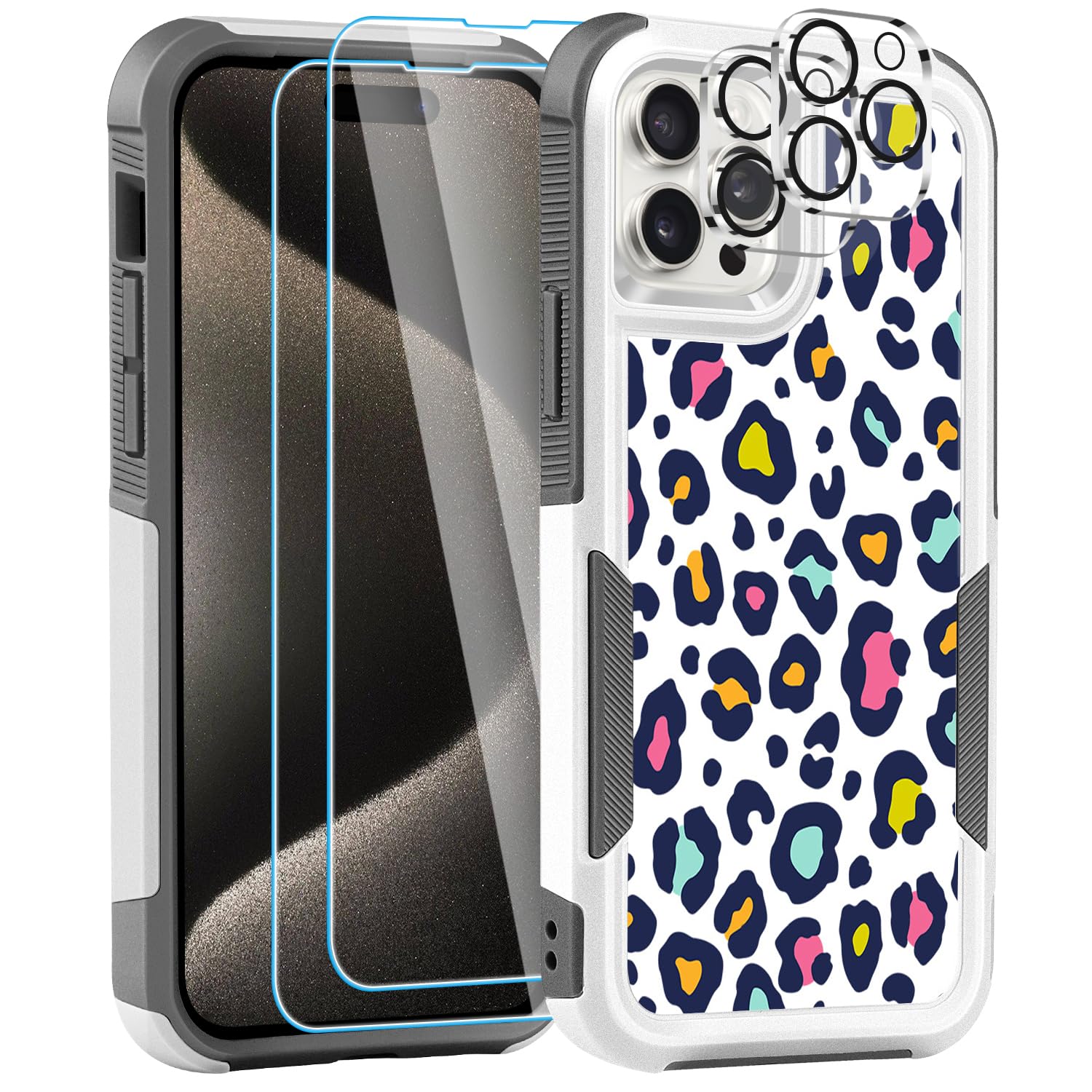 [5 in 1 for iPhone 15 Pro Max Case,with 2 Pack Screen Protector + 2 Pack Camera Lens Protector,Heavy-Duty Tough Rugged Lightweight Slim Shockproof Protective Case for Women,Leopard Cheetah