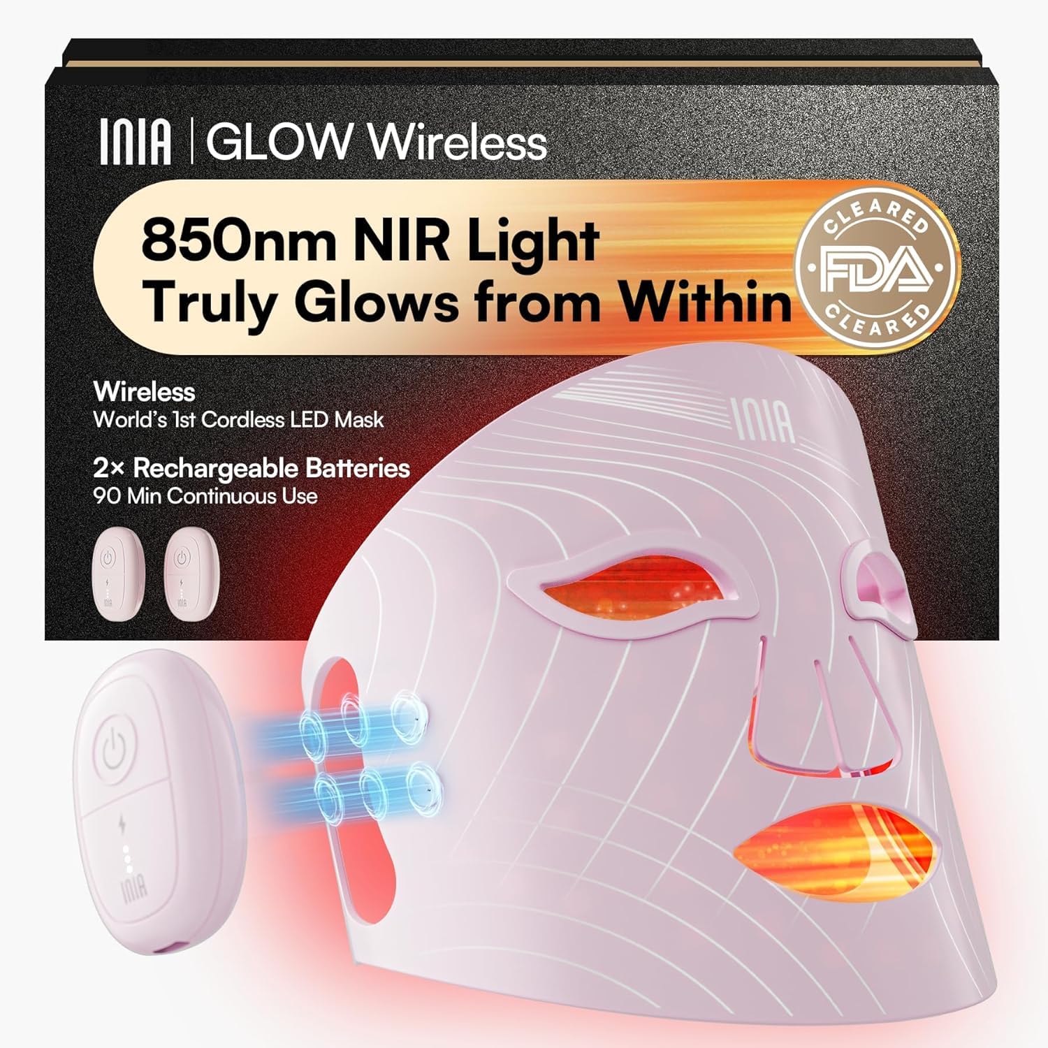 Máscara Facial LED Inalámbrica INIA Glow, Máscara de Terapia de Luz Roja Aprobada por la FDA con Luz Roja Cercana al Infrarrojo (NIR), Diseño Recargable y Ergonómico para el Hogar y Viajes, Rosa