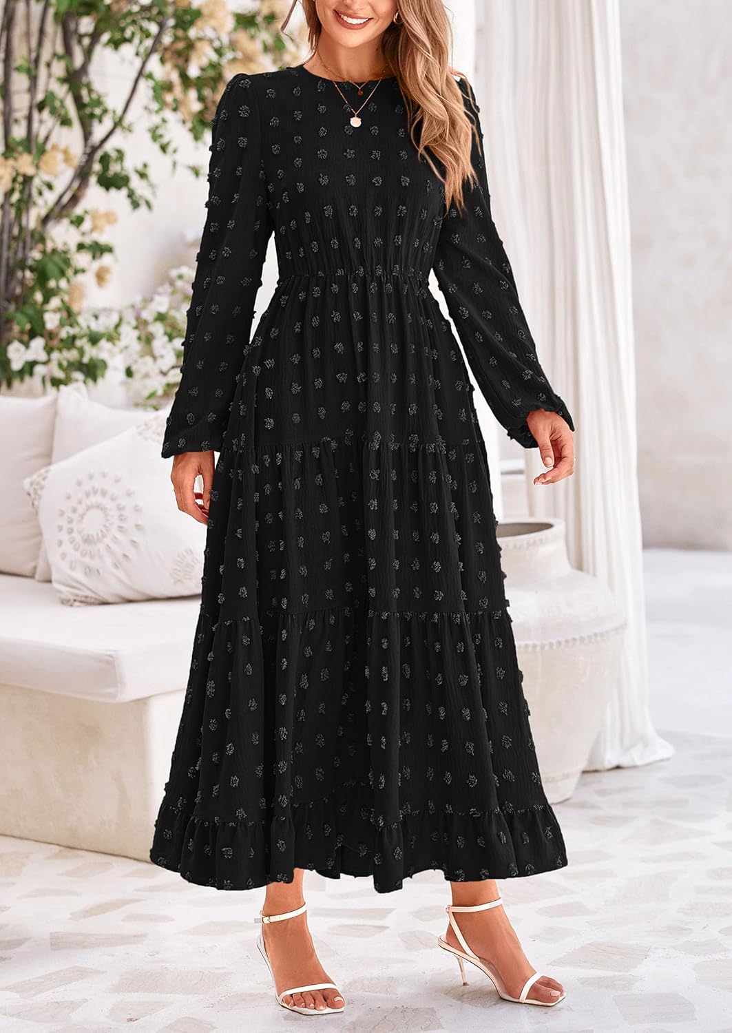 PRETTYGARDEN Women's Fall Spring Elegant Long Sleeve Maxi Dress Swiss Dot A Line Flowy Casual Holiday Party Going Out Dresses - Image 6