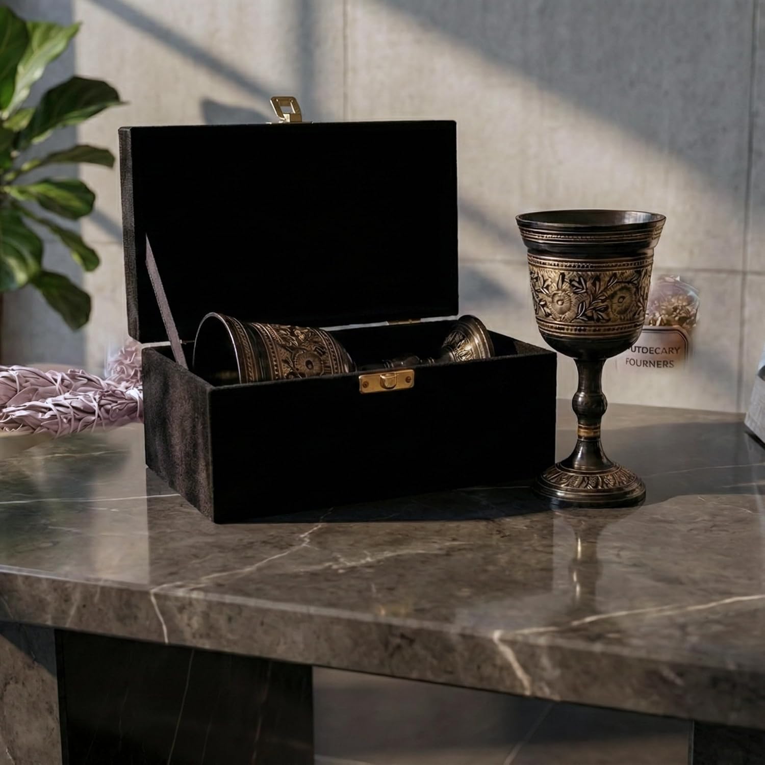 Brass Chalice Goblet Gift Set with Premium Black Velvet Box, 6 Inch Vintage Engraved Brass Wine Goblet, Handmade Decorative Medieval Style Chalice for Home Décor, Ceremonial Use & Gifting