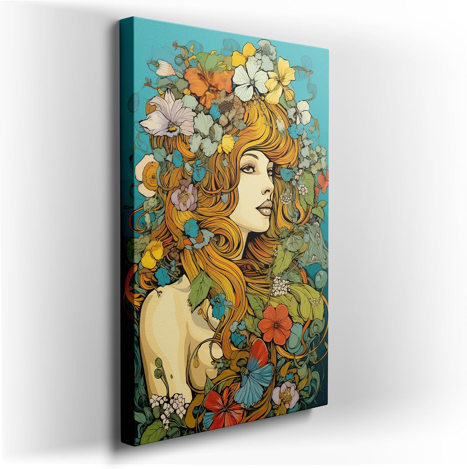 Canvas for Living room. Blossoming Beauty: A Floral Fantasy Merged with Feminine Mystique, 27 x 18 inch Canvas Wall Art - Contemporary Masterpieces - Botanical Home Decor - 69x46 cm (27x18 inch)