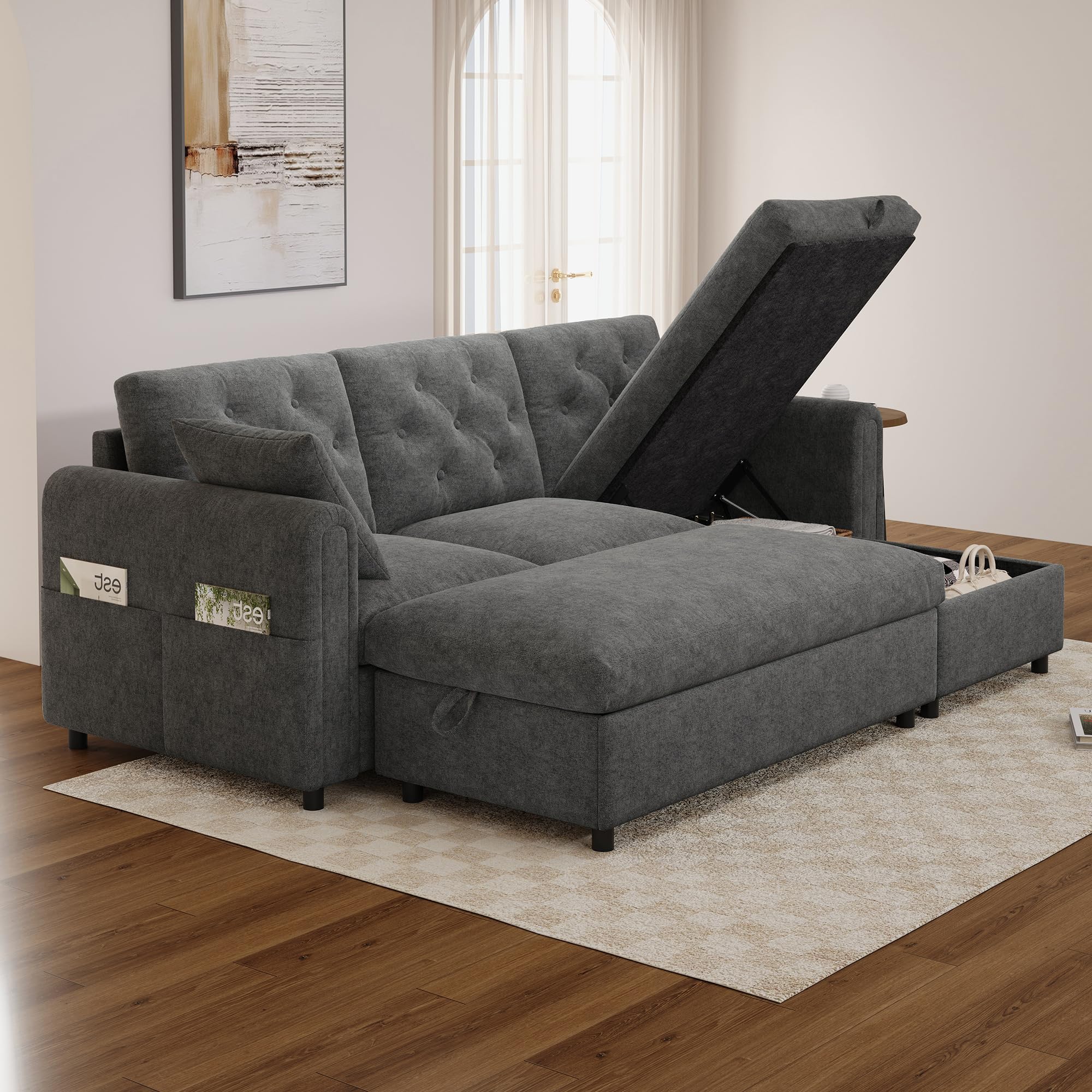 Merax Ecksofa mit Flexibler Ottomane & Hocker, Modulares L-Form Sofa mit 2 Bettkästen, beidseitig montierbar, Schlafsofa mit Seitentaschen & Knopfheftung, 3-Sitzer Couch, 219cm, Grau