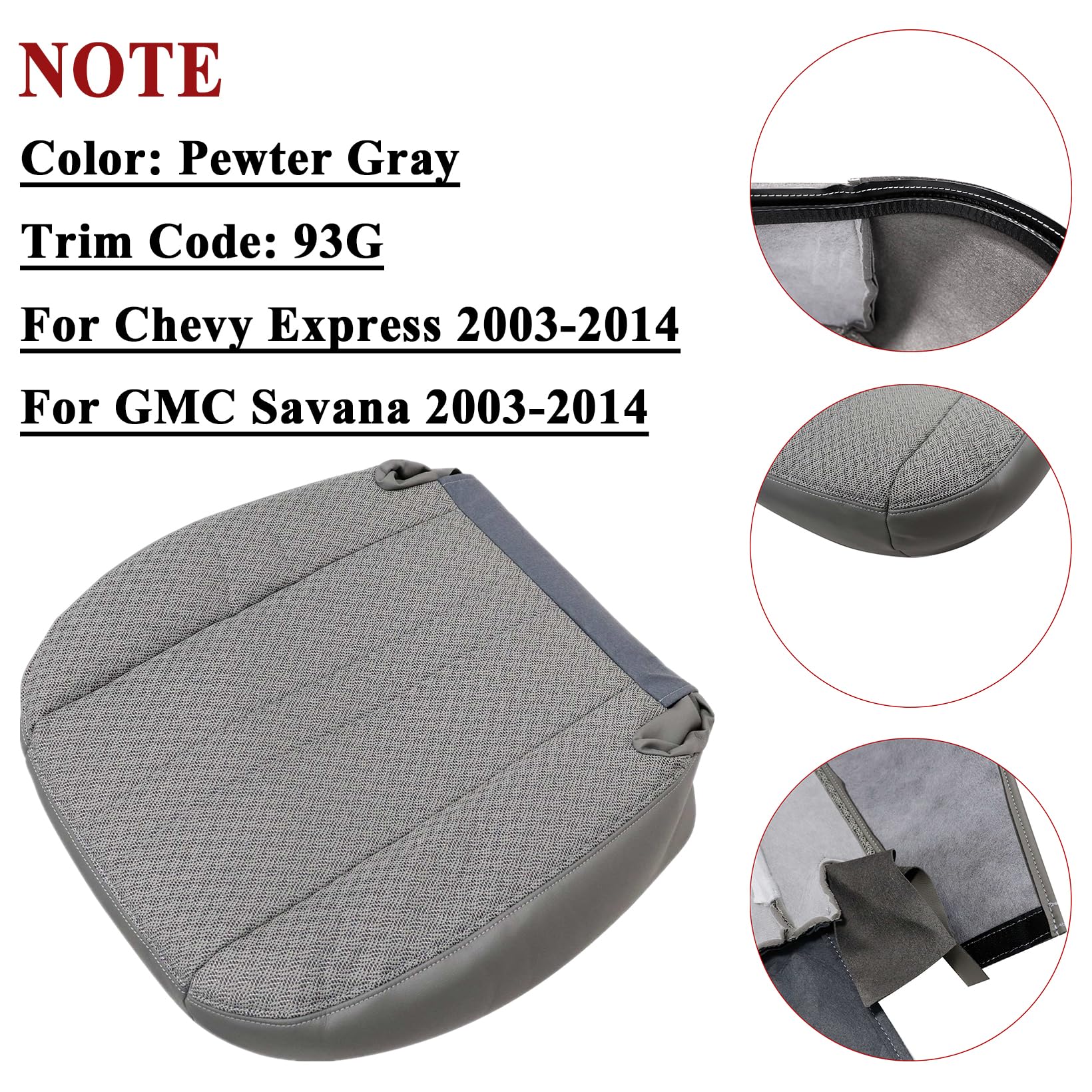 Van Driver Seat Repair Driver Bottom Seat Cover &amp; Foam Cushion For 2003-2014 Chevy Express &amp; GMC Savana Vans - Pewter Gray, OEM Style Seat Cover And Cushion