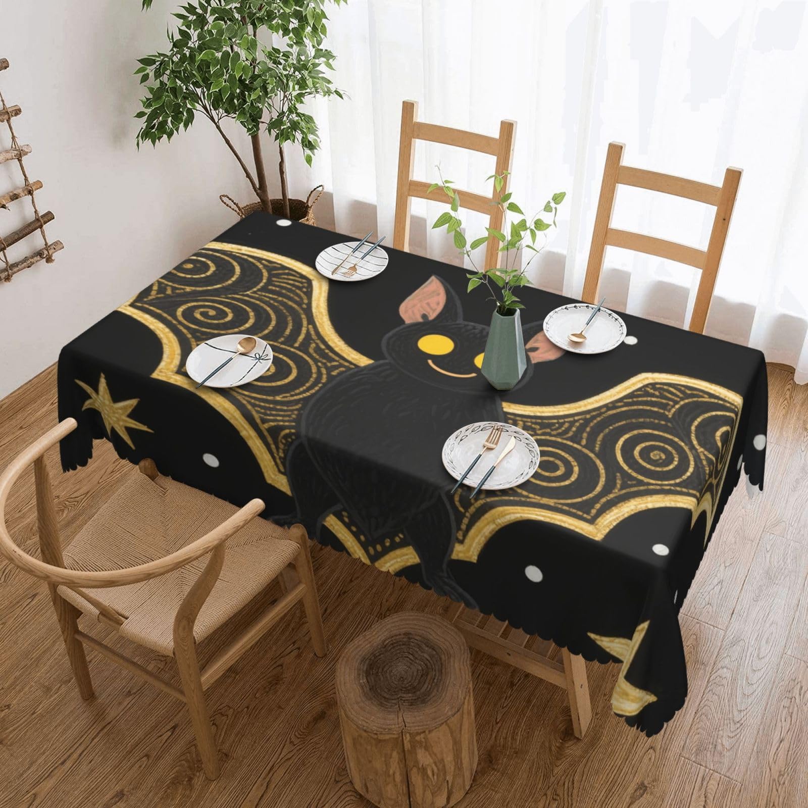 FekiLoot Rectangle Tablecloth 54 X 72 Inch, Classic Stain ‎Resistant Table Cloth Reusable Washable Table Cover Black Gloden Bat Tabletop Decor for Kitchen Dining Party Indoor Outdoor Use