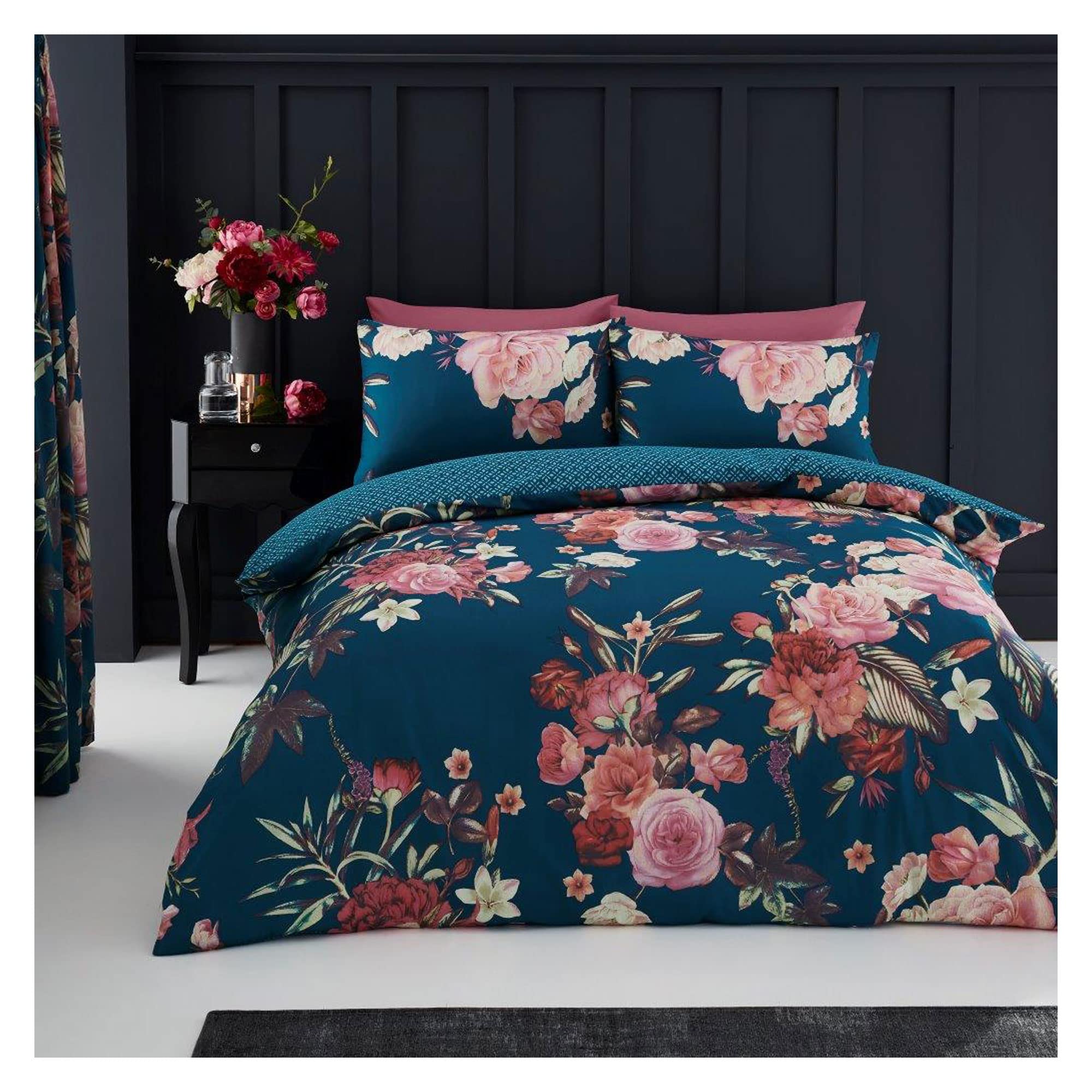 Lions Rose Bedding Set - 3 Piece Teal Double Duvet Cover with Matching Pillowcase, Soft Printed Reversible Poly Cotton floral Quilt Covers, Double Bed, 200x200cm