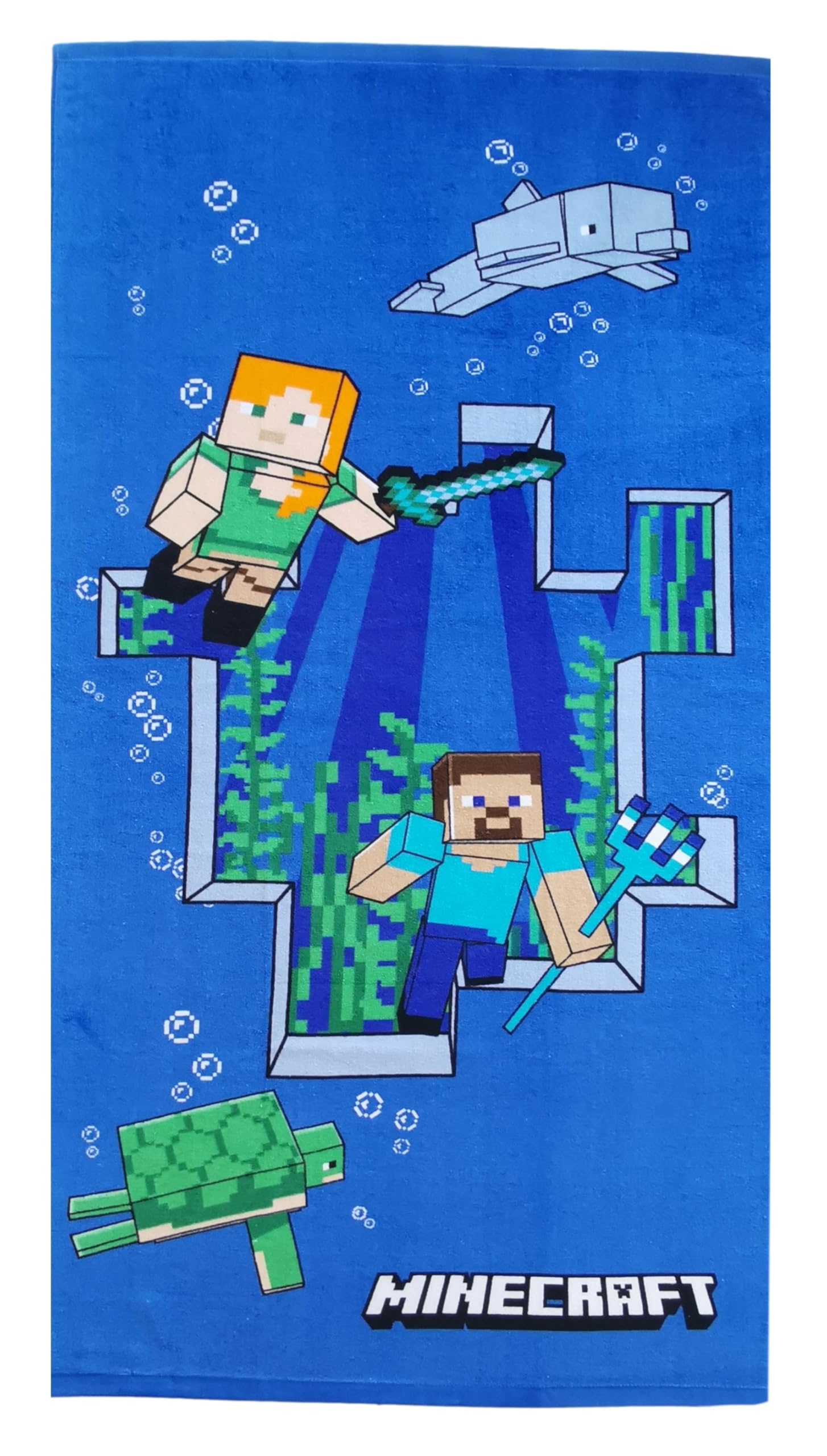 Theonoi Children's Hand Towel and Beach Towel for Girls and Boys, 100% Cotton, 70 x 140 cm (Minecraft Steve Alex)