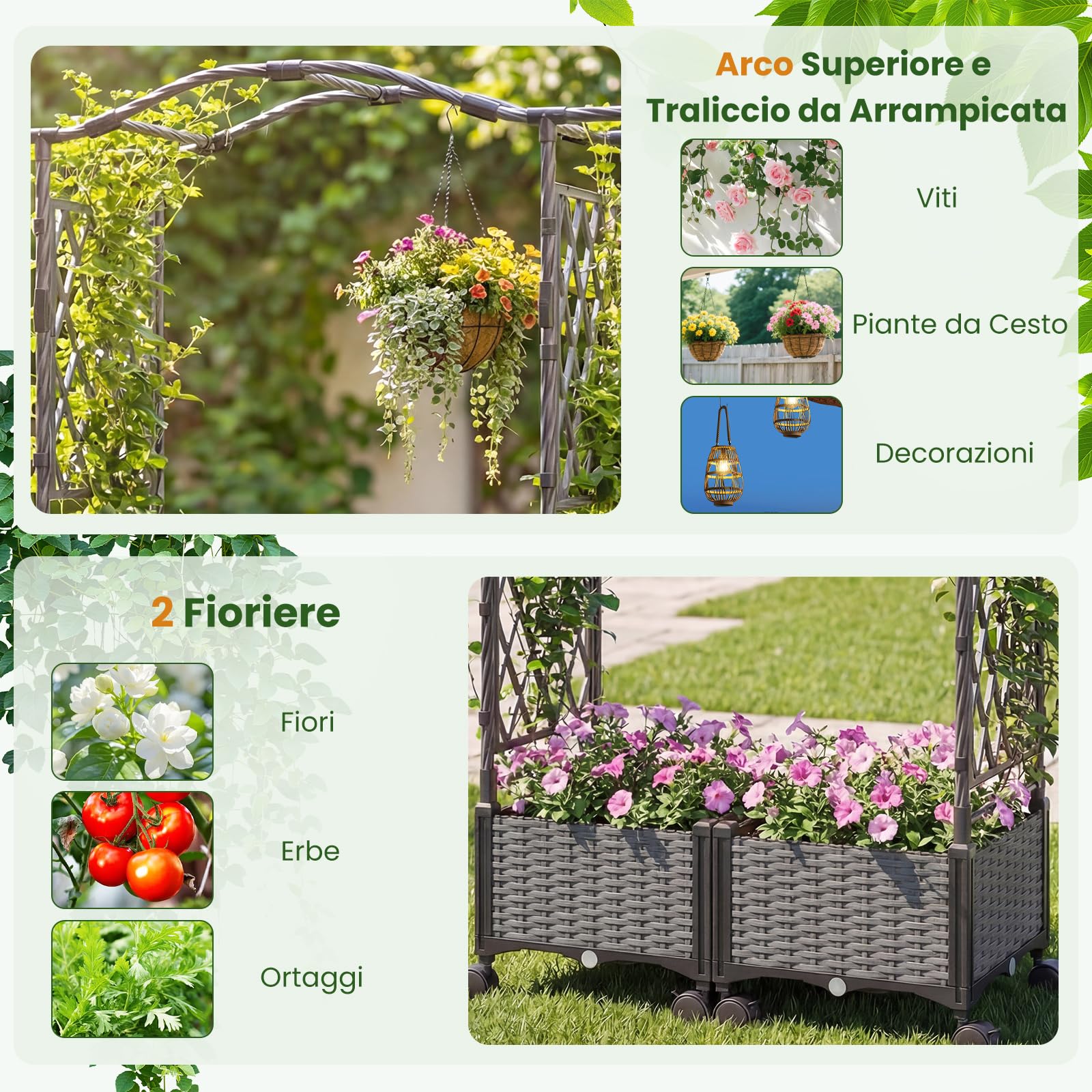 RELAX4LIFE Arco da Giardino con 2 Fioriere, Sistema Auto-Irrigazione, Ruote con Freni e Traliccio Rampicante, Struttura in Acciaio Rivestito per Orto, Fiori (Cupola (Grigio))