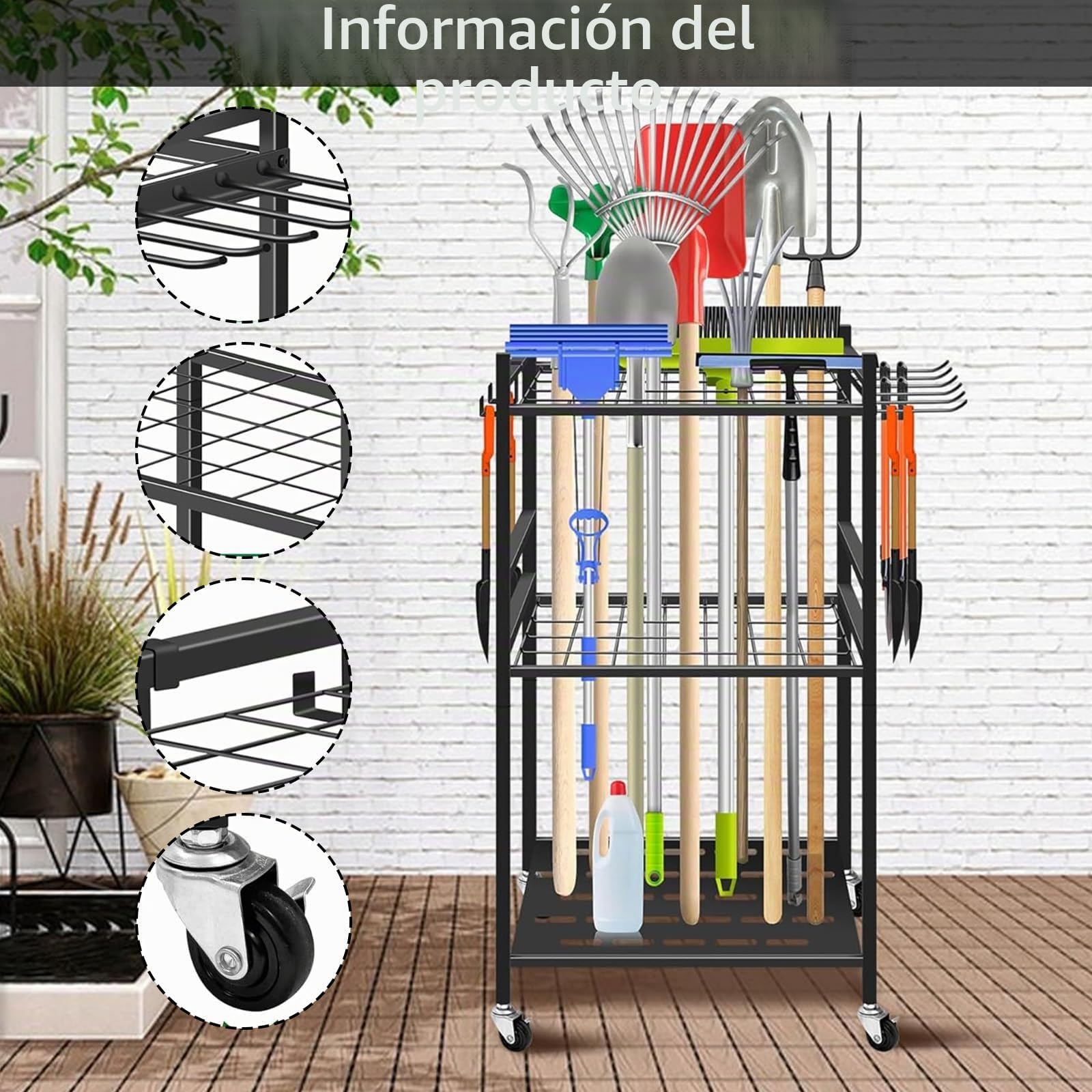 Organizador de Herramientas Jardineria, Estante de Almacenamiento para Herramientas de Jardín Fabricado con Rueda Universal Ganchos Laterales Largos y Ganchos de Almacenamiento para Garajes Jardines
